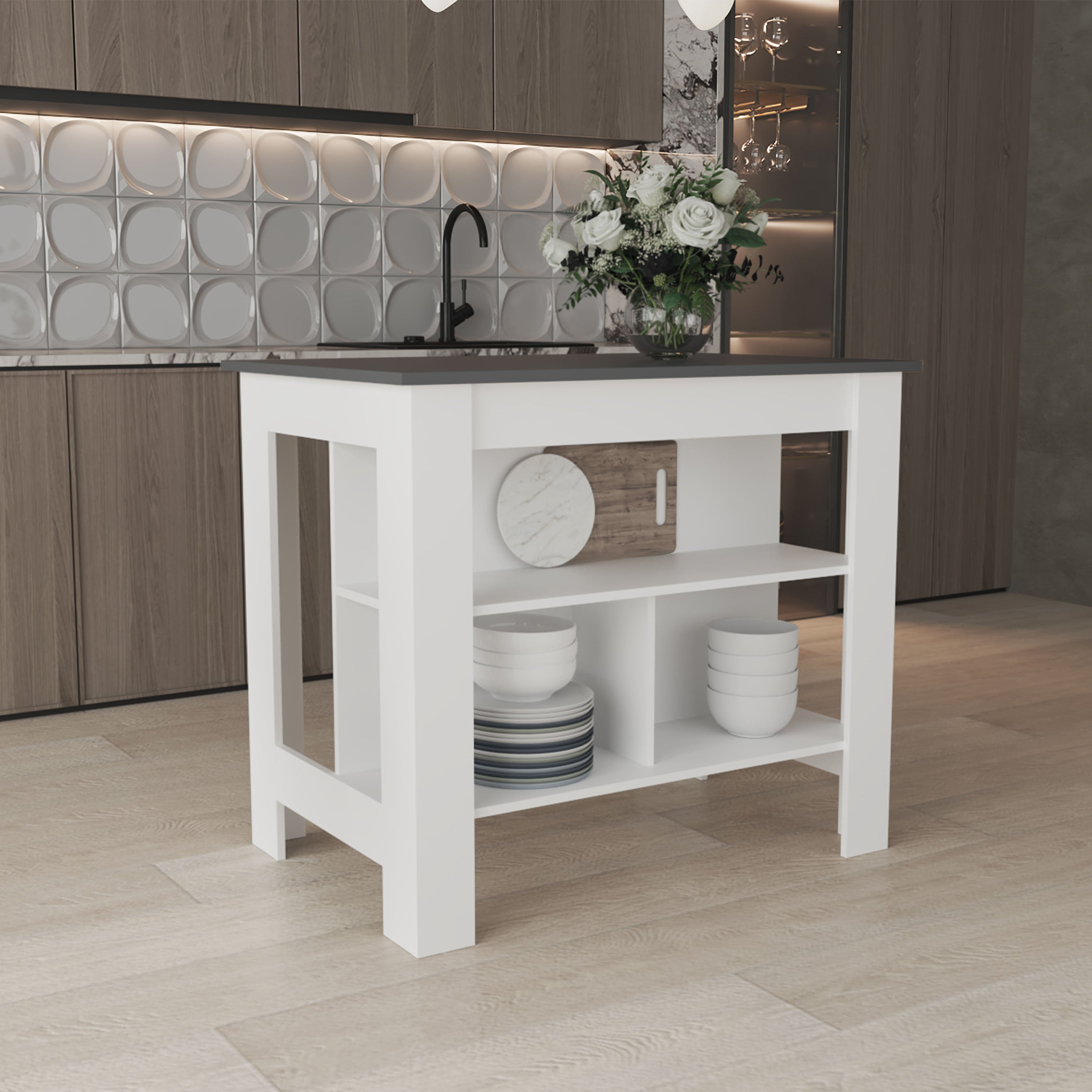 Delos Kitchen Island with 3 Shelves, Matt Gray - Luciddepo