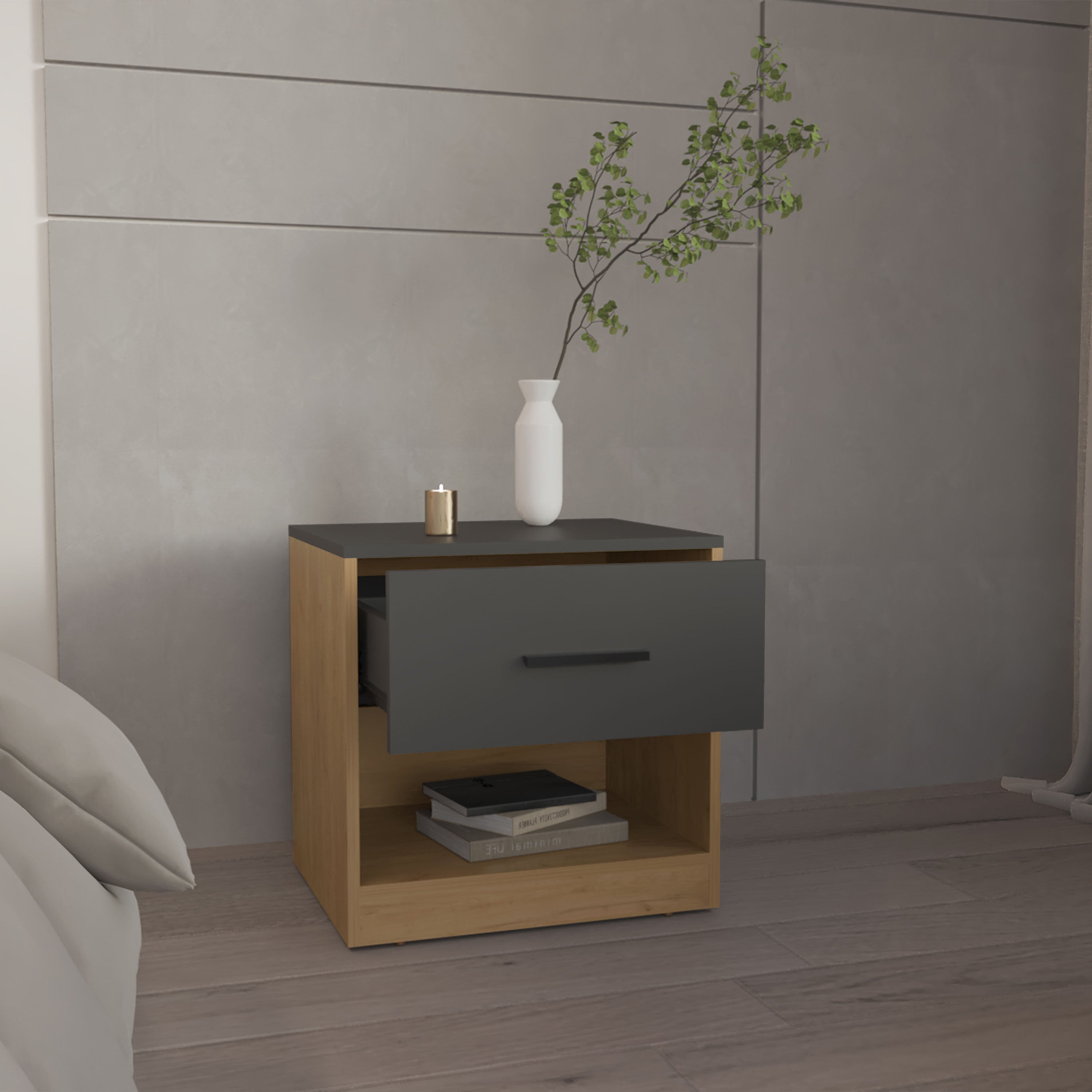 Palmyra Nightstand, 1 Door, 1 Shelf, Natural Oak / Matt Gray - Luciddepo