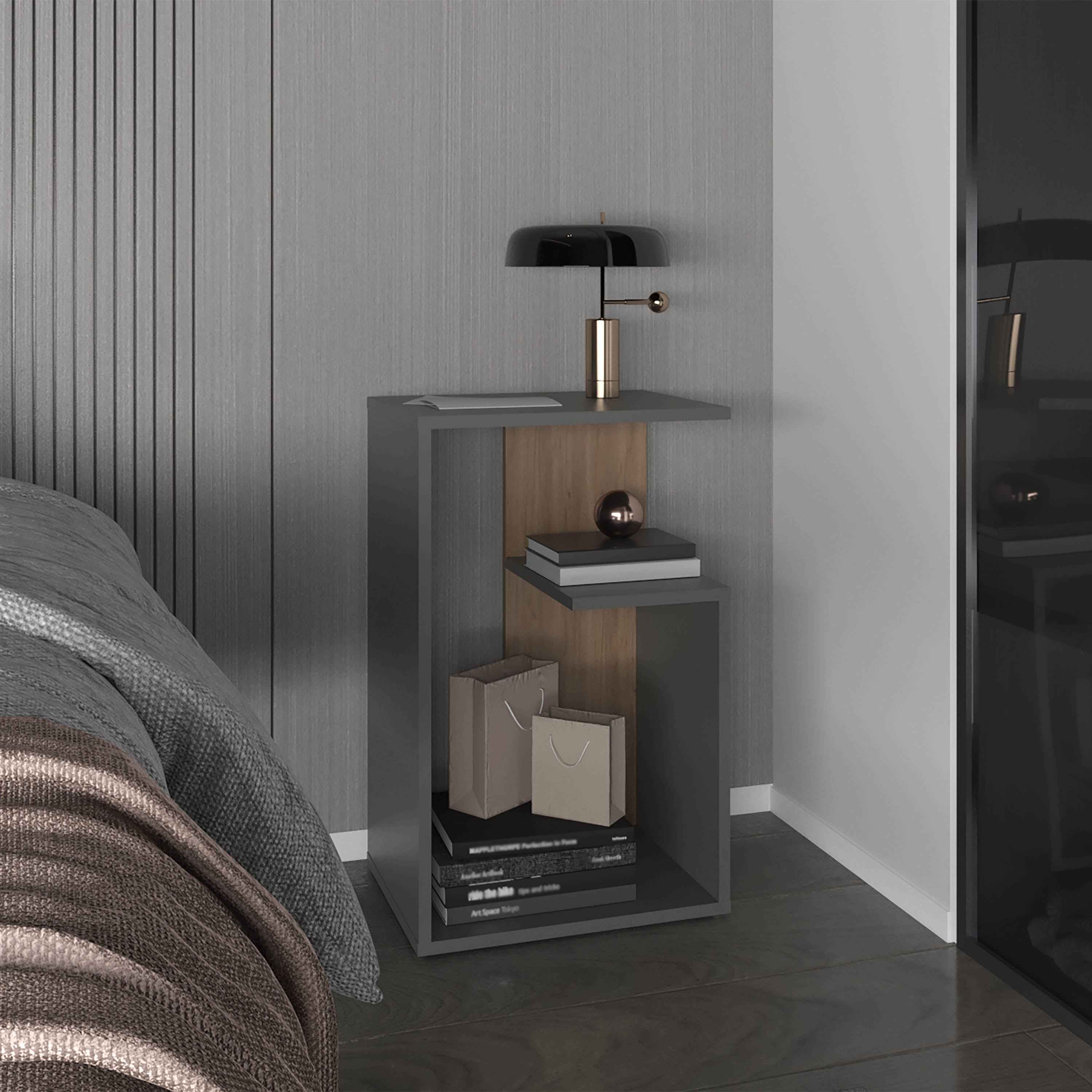 Stebbins Side Table, 2 Shelves, Matt Gray / Natural Oak - Luciddepo