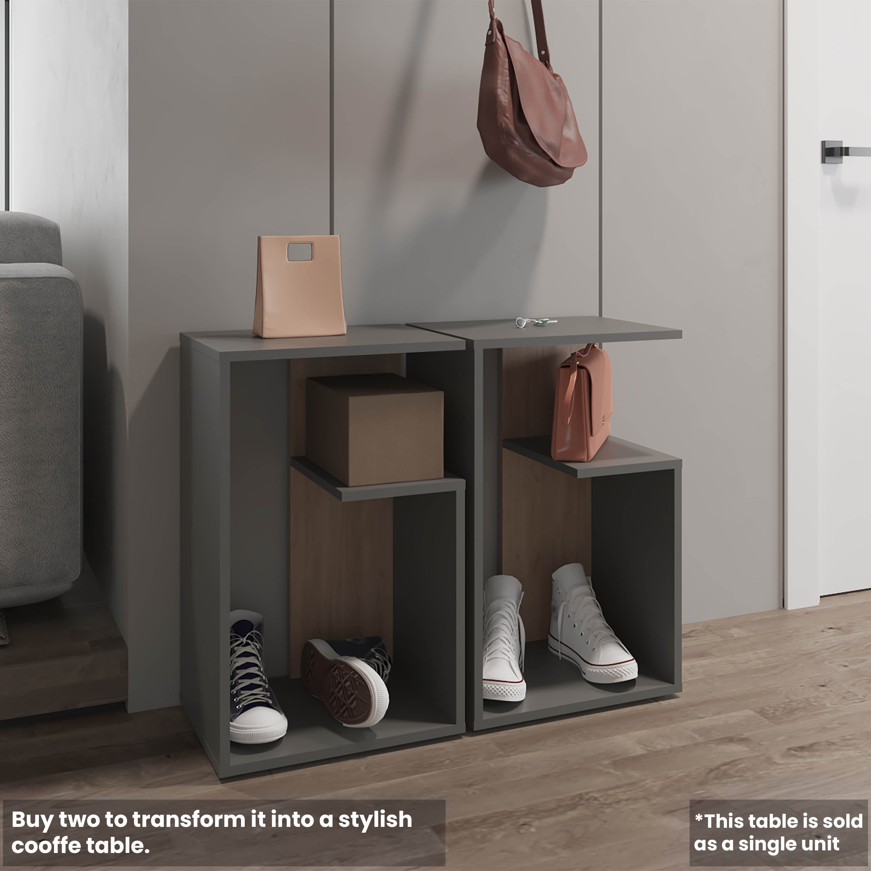 Stebbins Side Table, 2 Shelves, Matt Gray / Natural Oak - Luciddepo