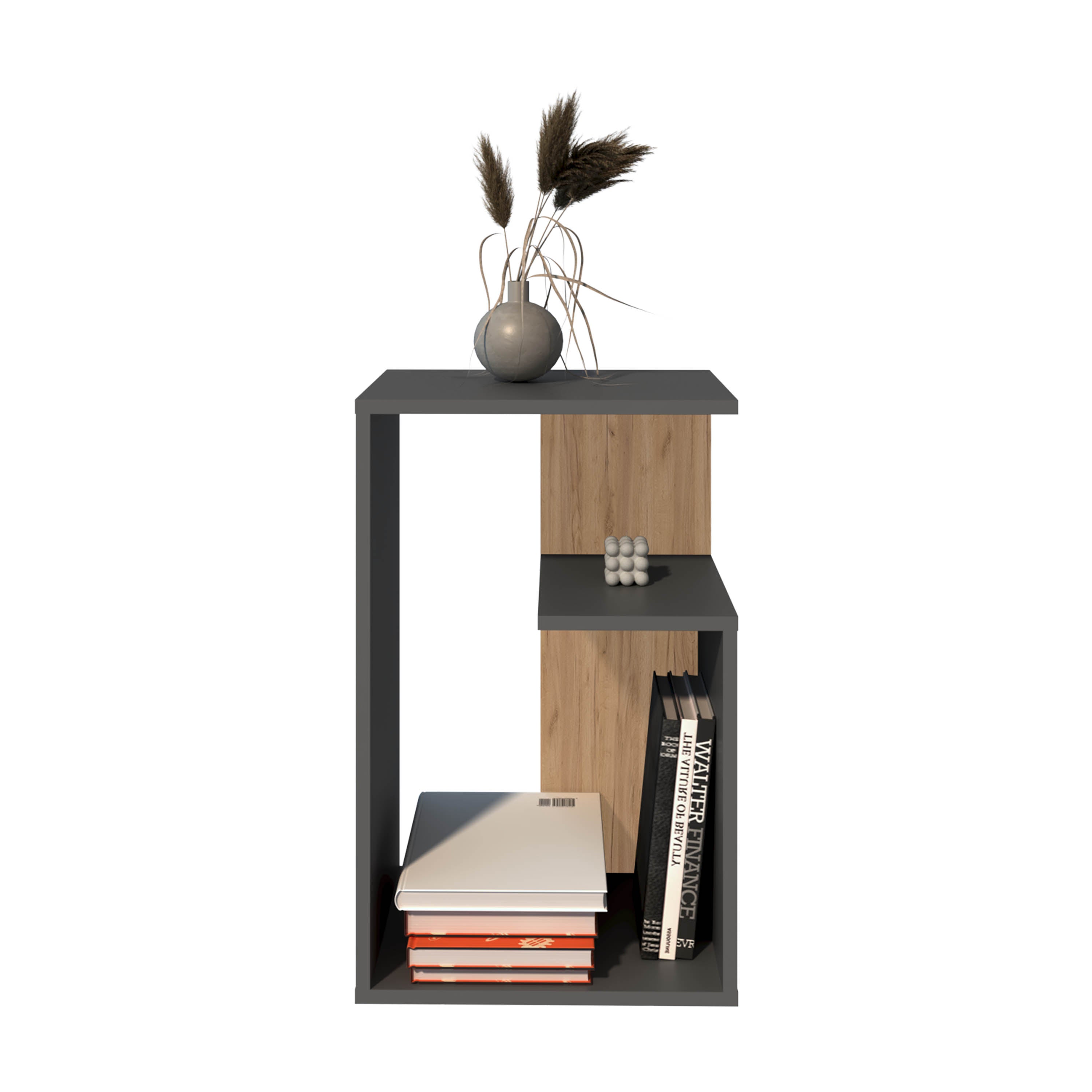 Stebbins Side Table, 2 Shelves, Matt Gray / Natural Oak - Luciddepo