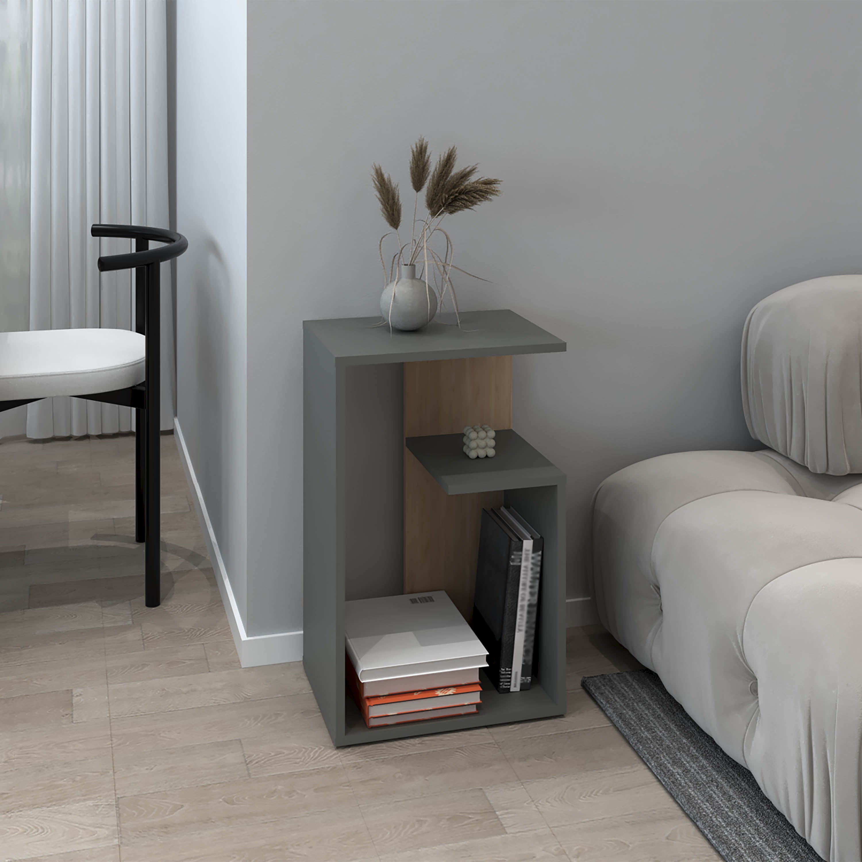 Stebbins Side Table, 2 Shelves, Matt Gray / Natural Oak - Luciddepo