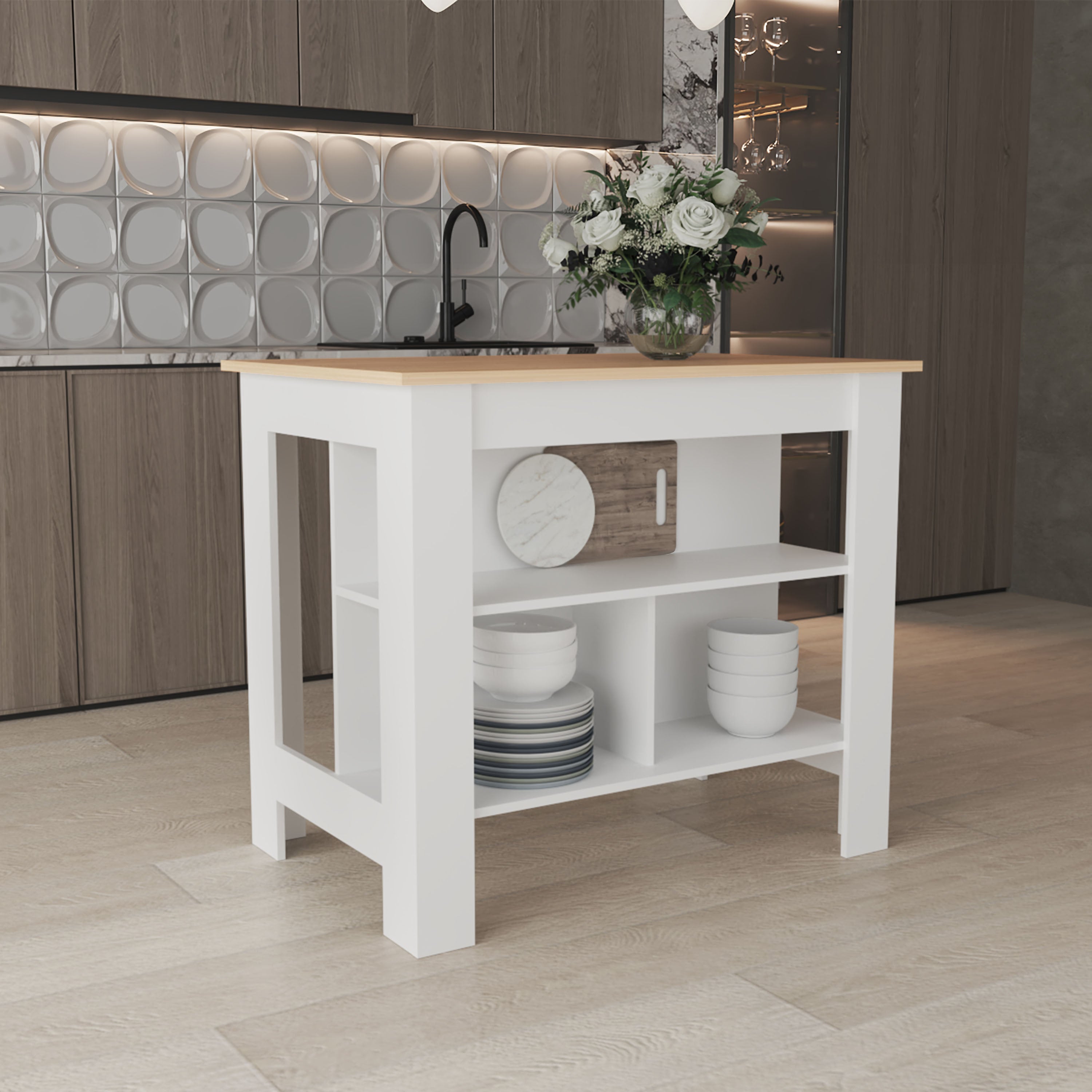 Delos Kitchen Island with 3 Shelves, White / Light Pine - Luciddepo