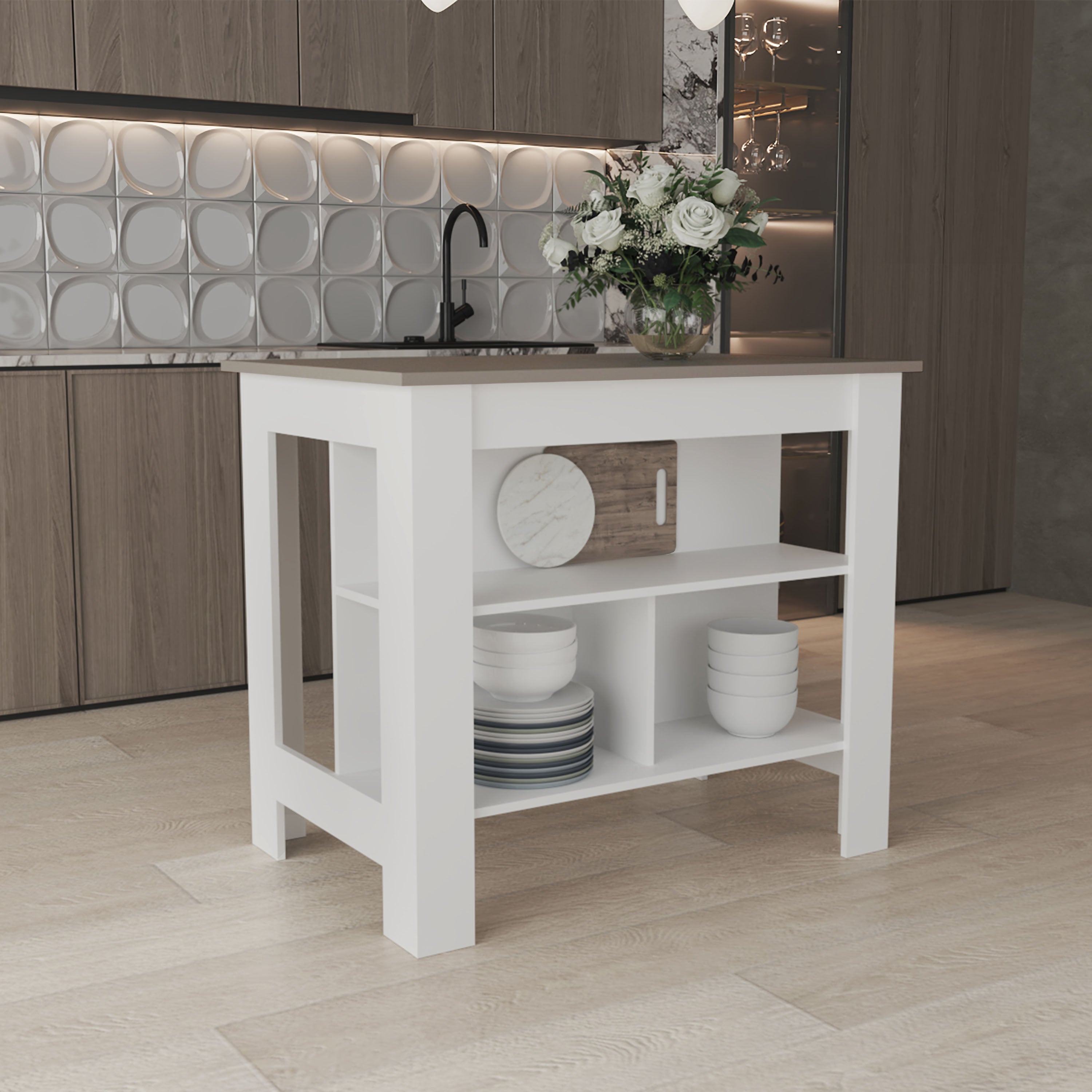 Delos Kitchen Island with 3 Shelves, White / Taupe - Luciddepo