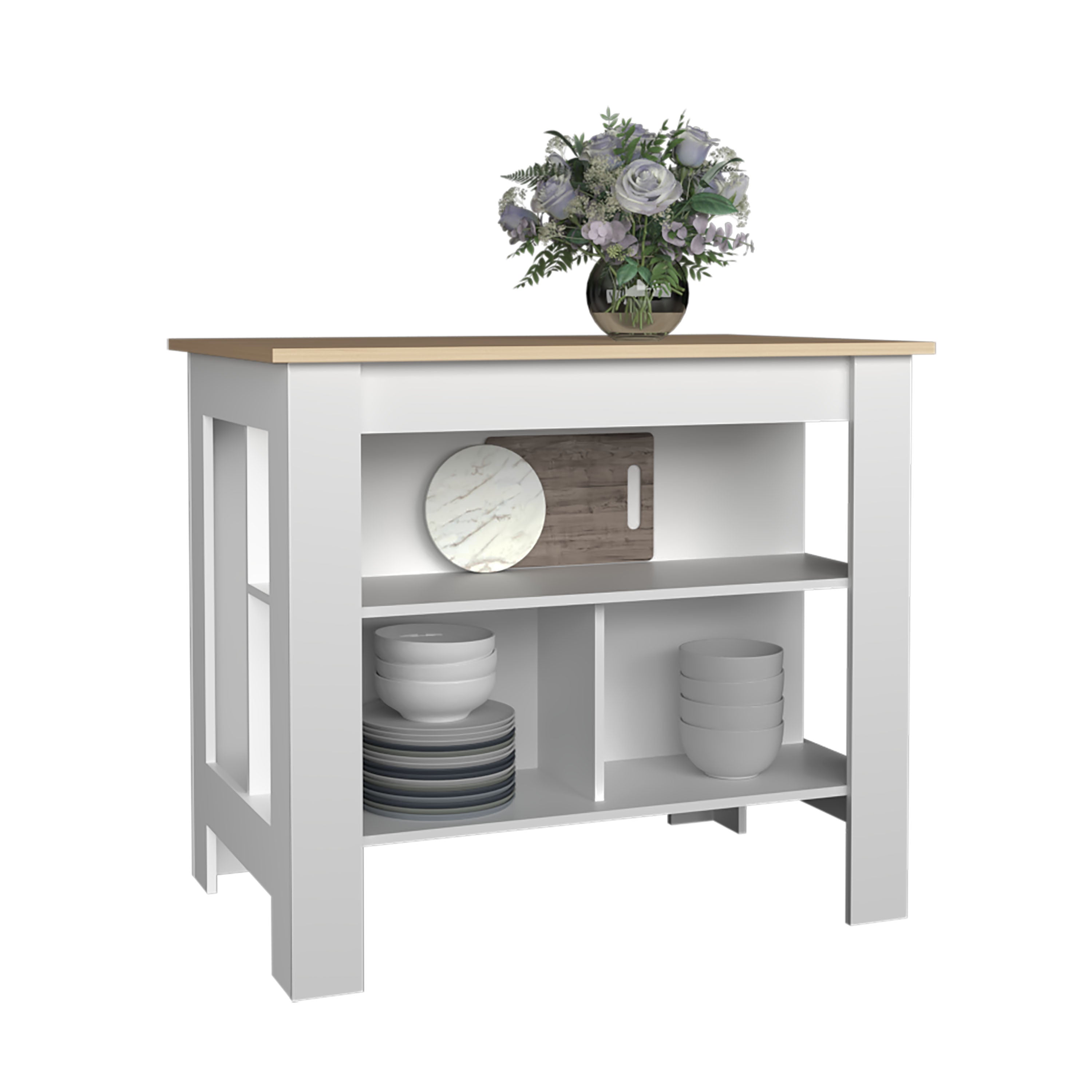 Delos Kitchen Island with 3 Shelves, White / Light Pine - Luciddepo