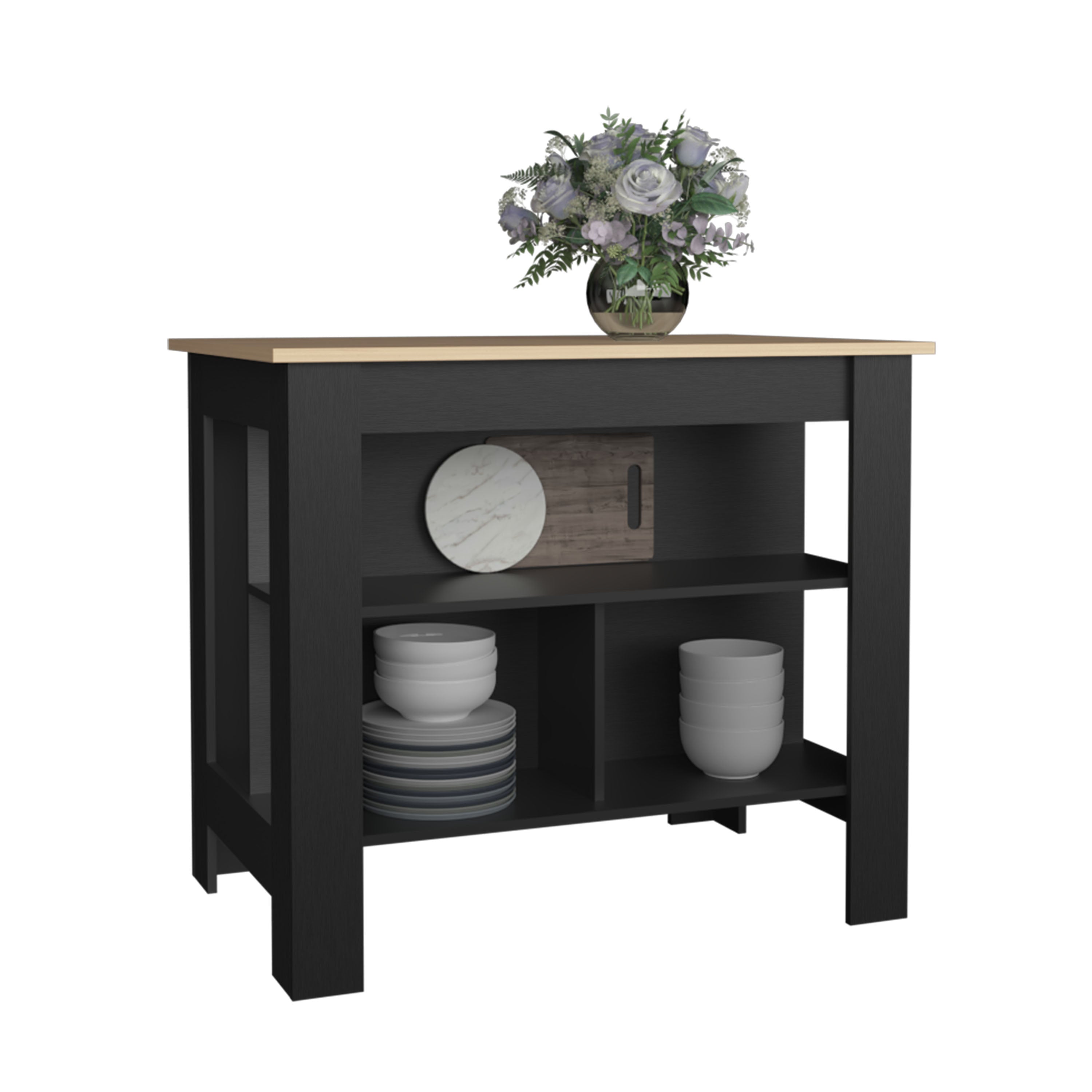 Delos Kitchen Island with 3 Shelves, Black / Light Pine - Luciddepo