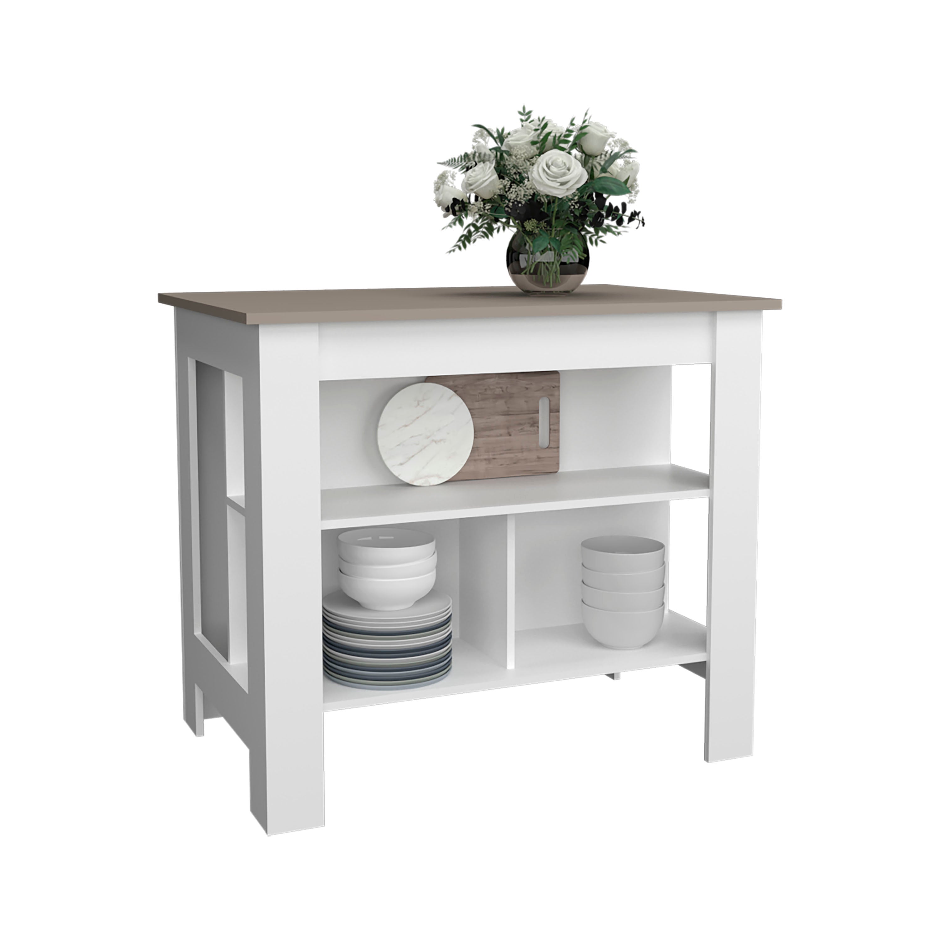 Delos Kitchen Island with 3 Shelves, White / Taupe - Luciddepo