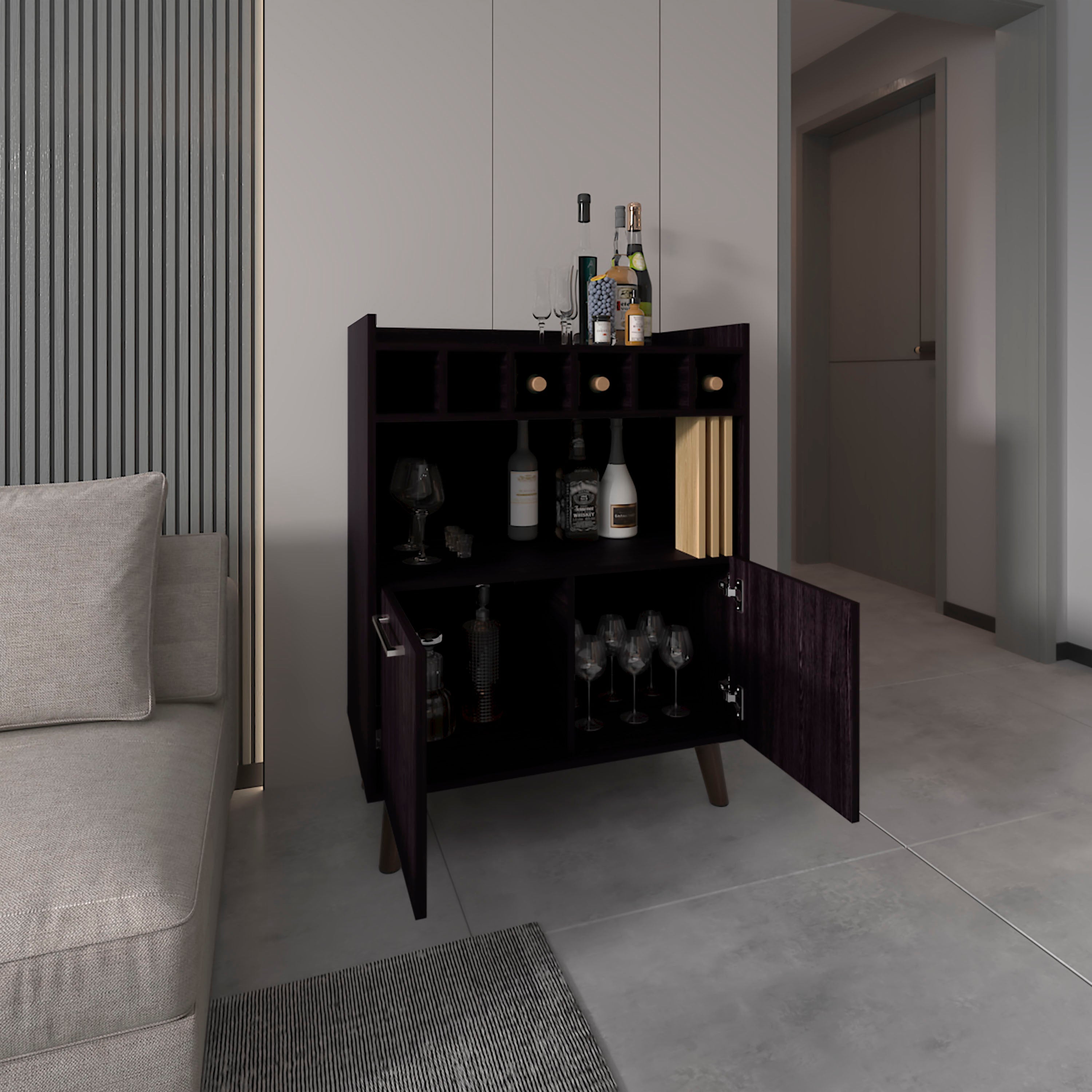 Ayr Bar Cabinet, 2 Doors, 1 Shelf, Black / Natural Oak - Luciddepo