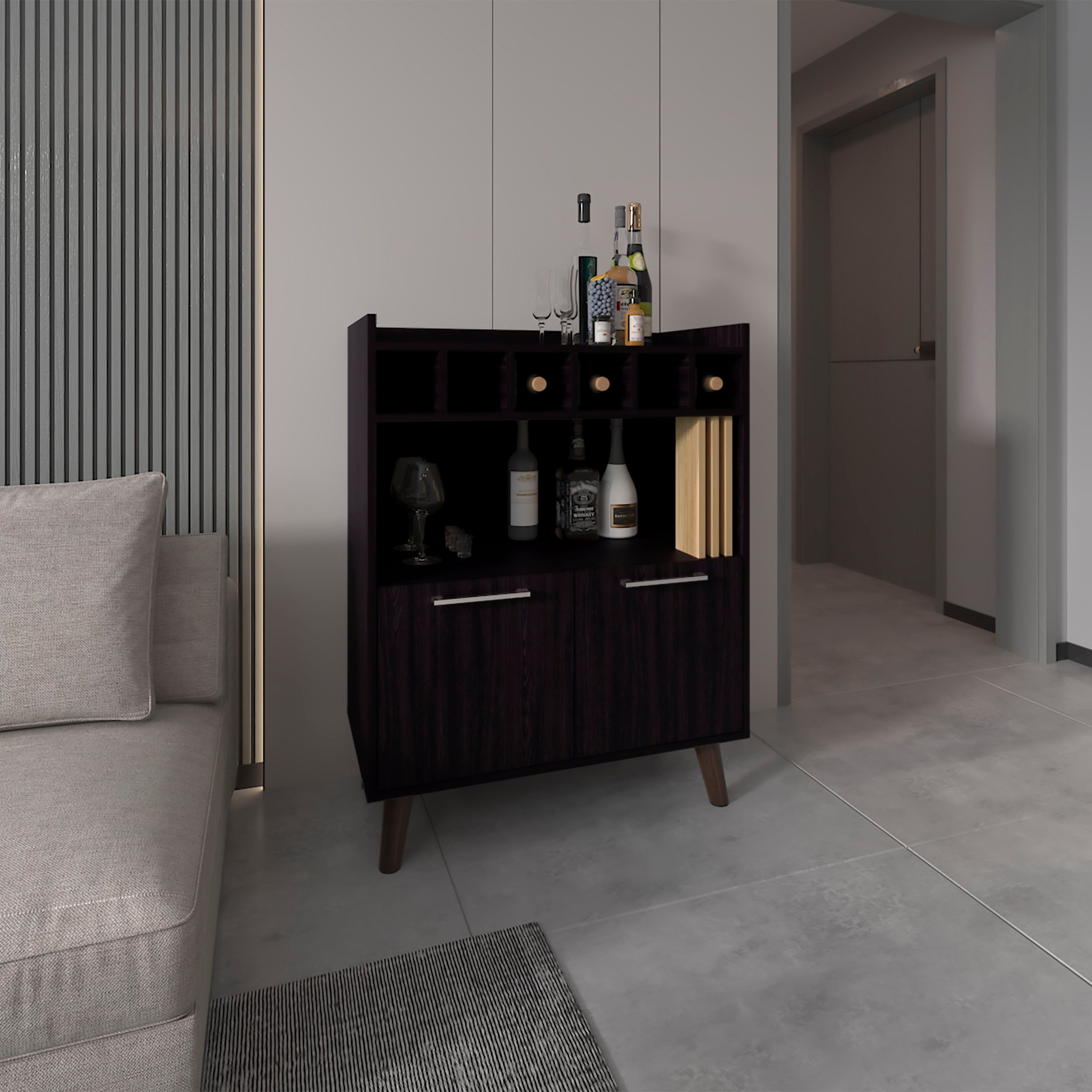 Ayr Bar Cabinet, 2 Doors, 1 Shelf, Black / Natural Oak - Luciddepo