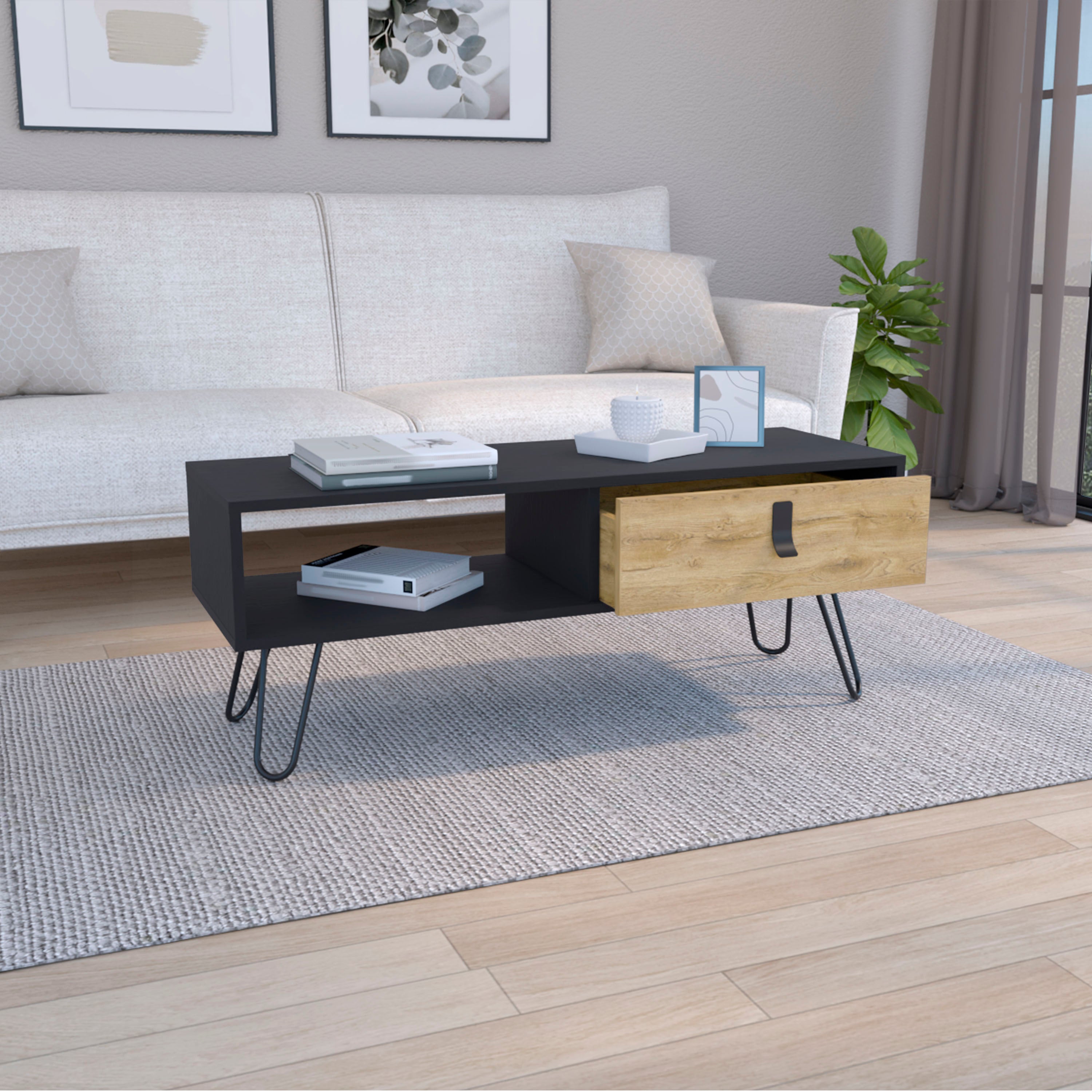 Mosby Coffee Table with Modern Hairpin Legs Design and Drawer, Black / Macadamia - Luciddepo