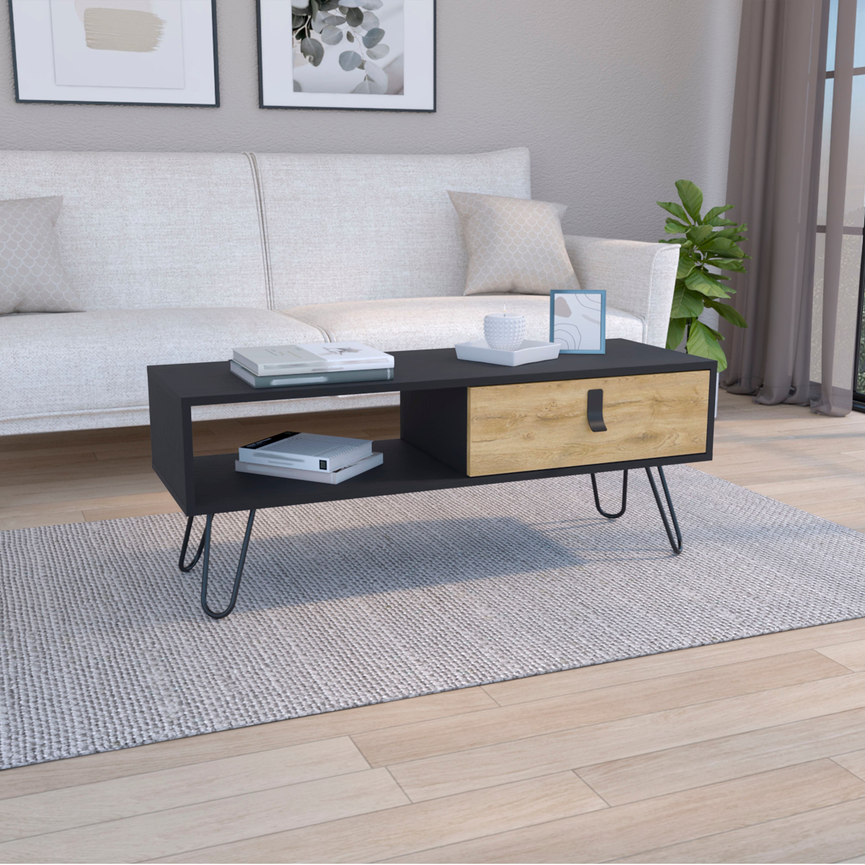 Mosby Coffee Table with Modern Hairpin Legs Design and Drawer, Black / Macadamia - Luciddepo