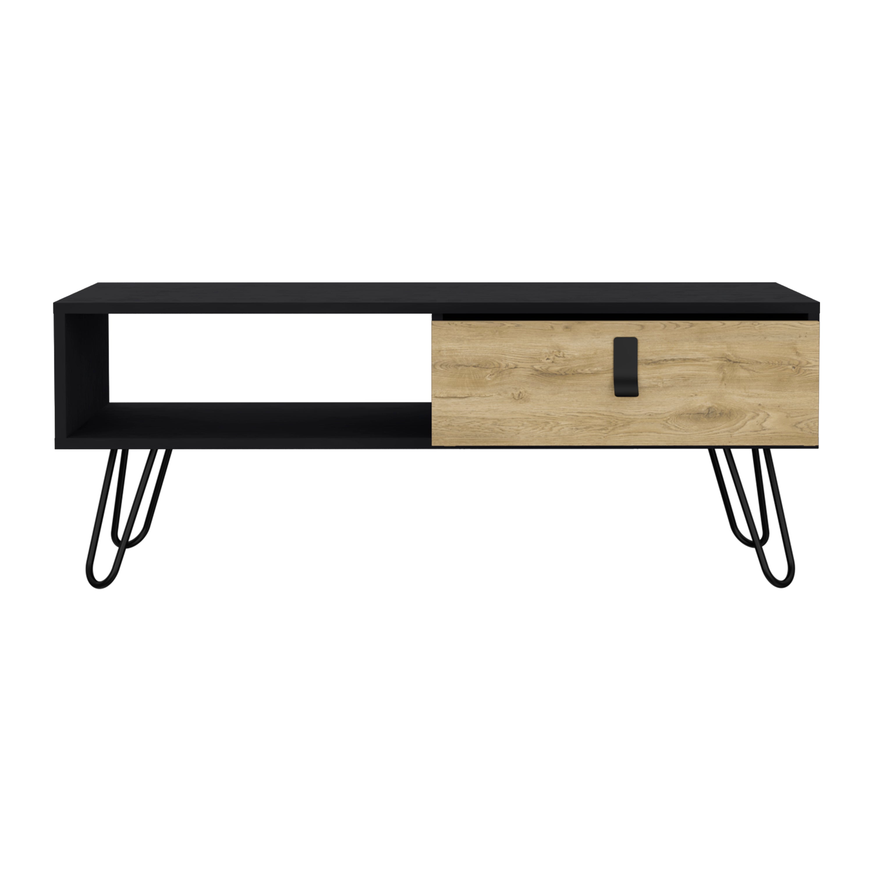 Mosby Coffee Table with Modern Hairpin Legs Design and Drawer, Black / Macadamia - Luciddepo