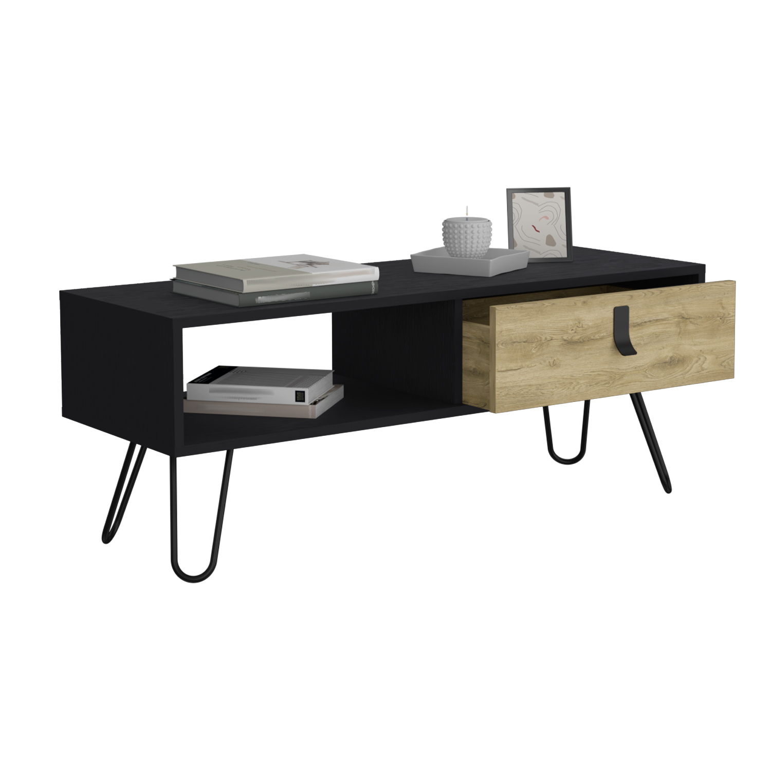 Mosby Coffee Table with Modern Hairpin Legs Design and Drawer, Black / Macadamia - Luciddepo