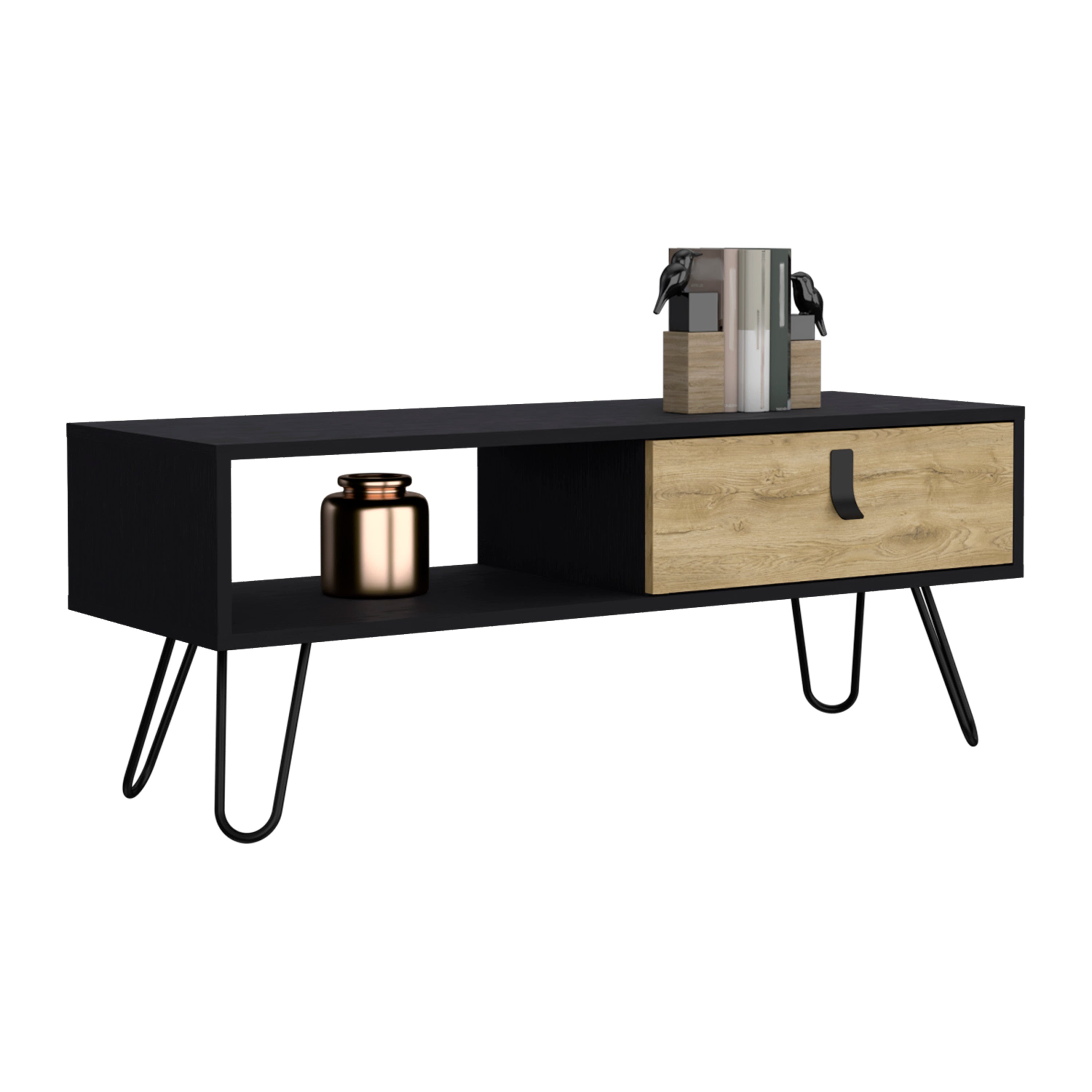 Mosby Coffee Table with Modern Hairpin Legs Design and Drawer, Black / Macadamia - Luciddepo