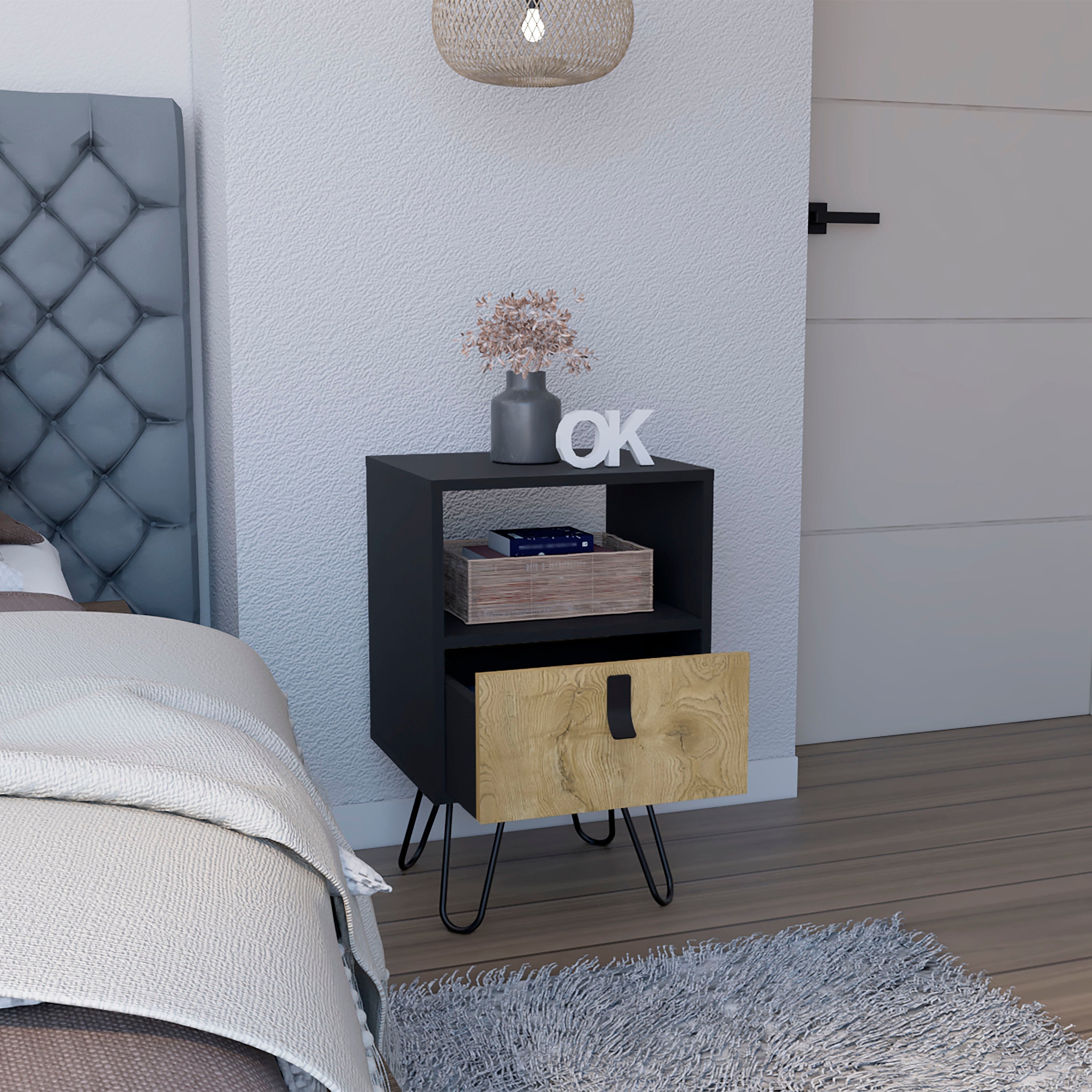 Toka Nightstand, Sleek Design with Hairpin Legs and Drawer, Black / Macadamia - Luciddepo