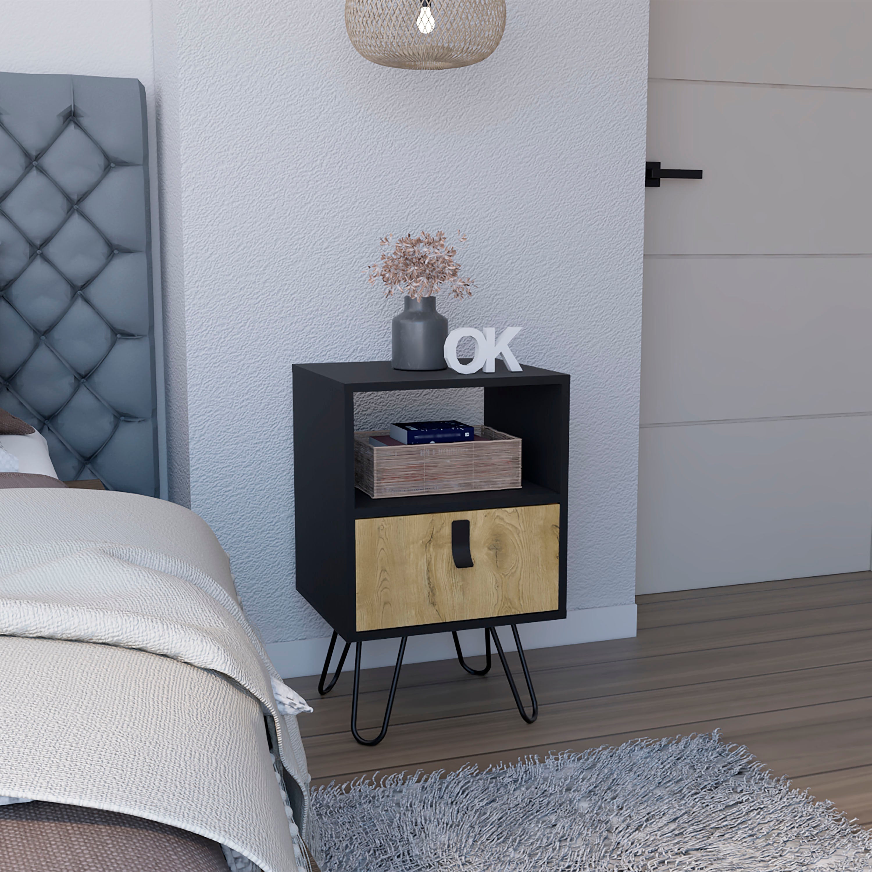 Toka Nightstand, Sleek Design with Hairpin Legs and Drawer, Black / Macadamia - Luciddepo