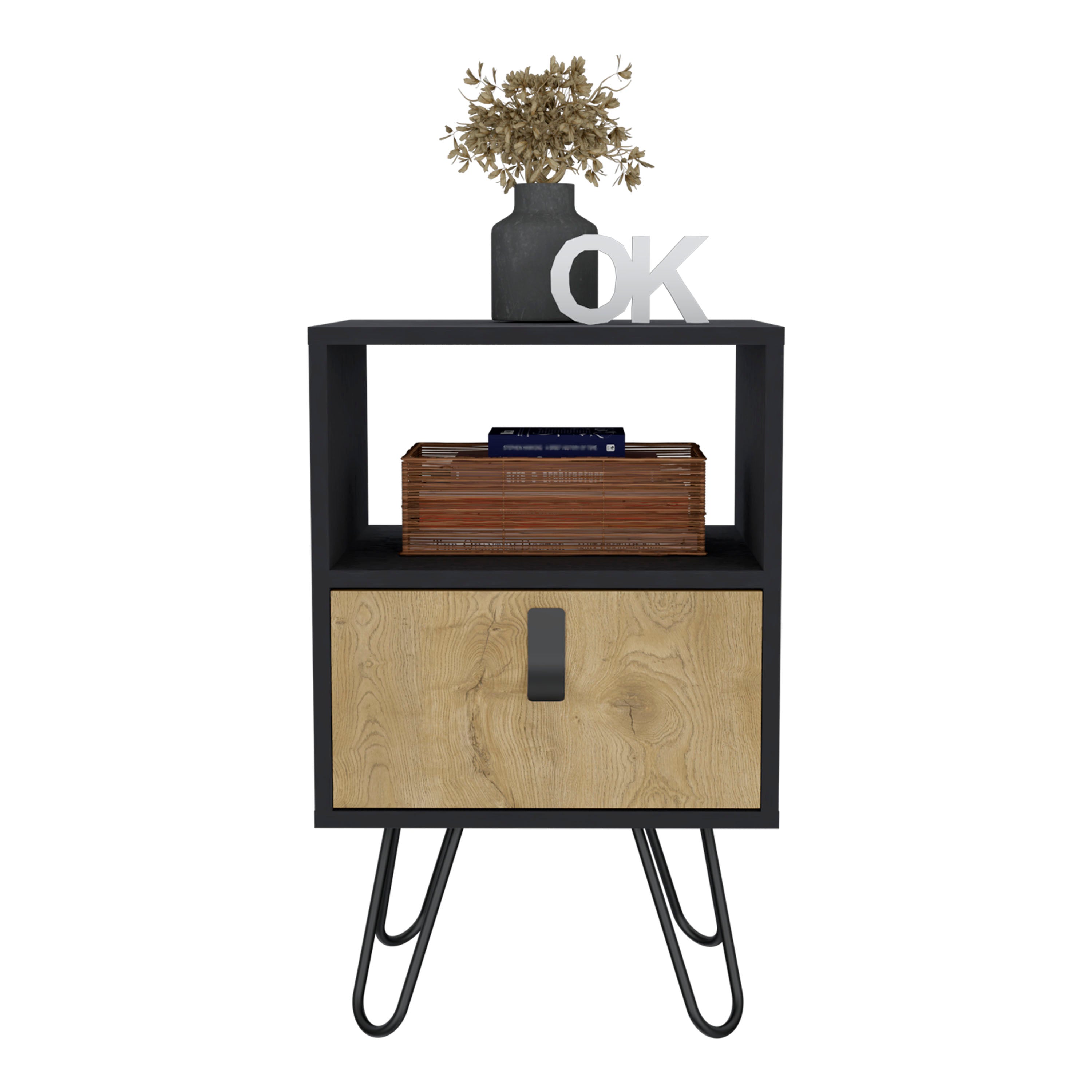 Toka Nightstand, Sleek Design with Hairpin Legs and Drawer, Black / Macadamia - Luciddepo