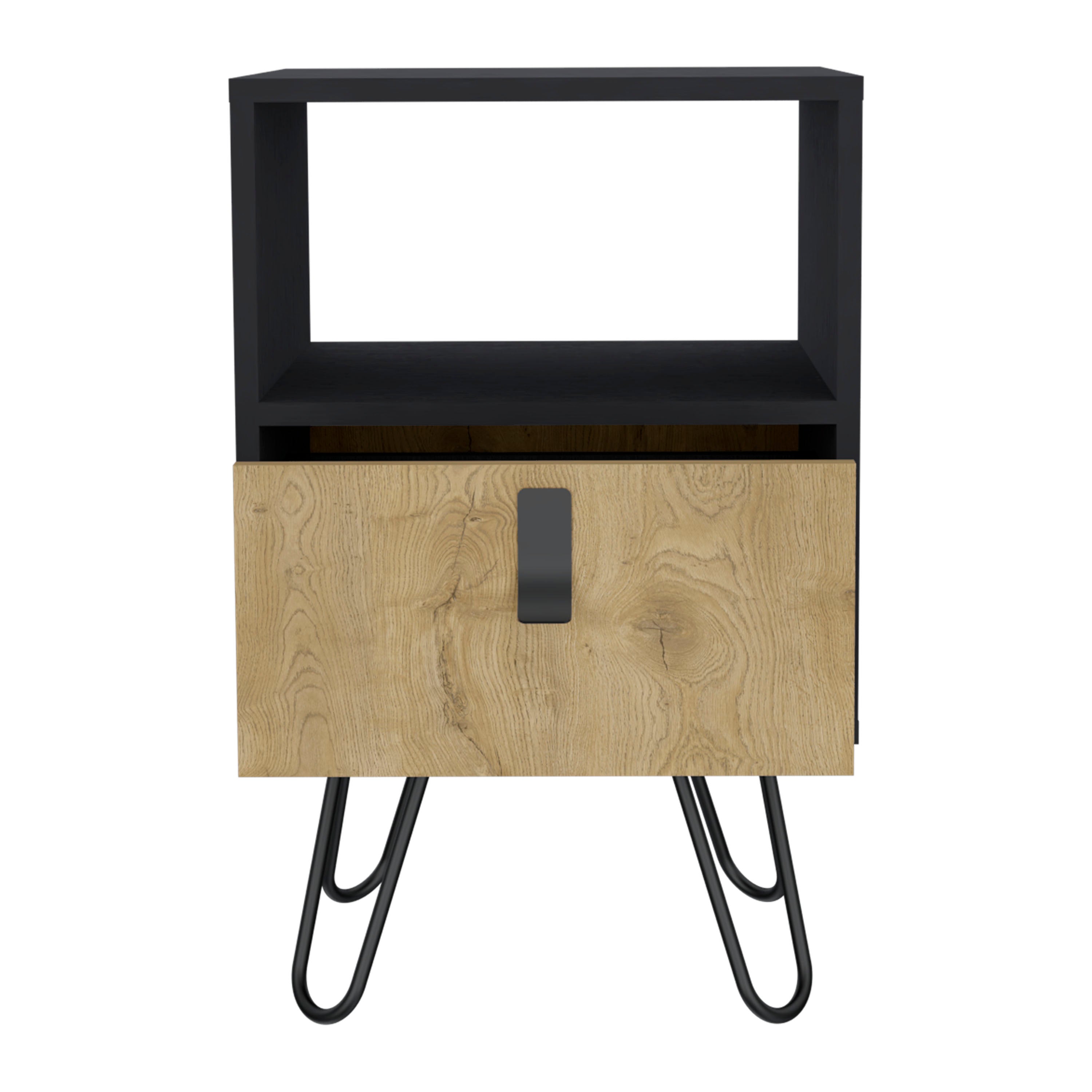 Toka Nightstand, Sleek Design with Hairpin Legs and Drawer, Black / Macadamia - Luciddepo