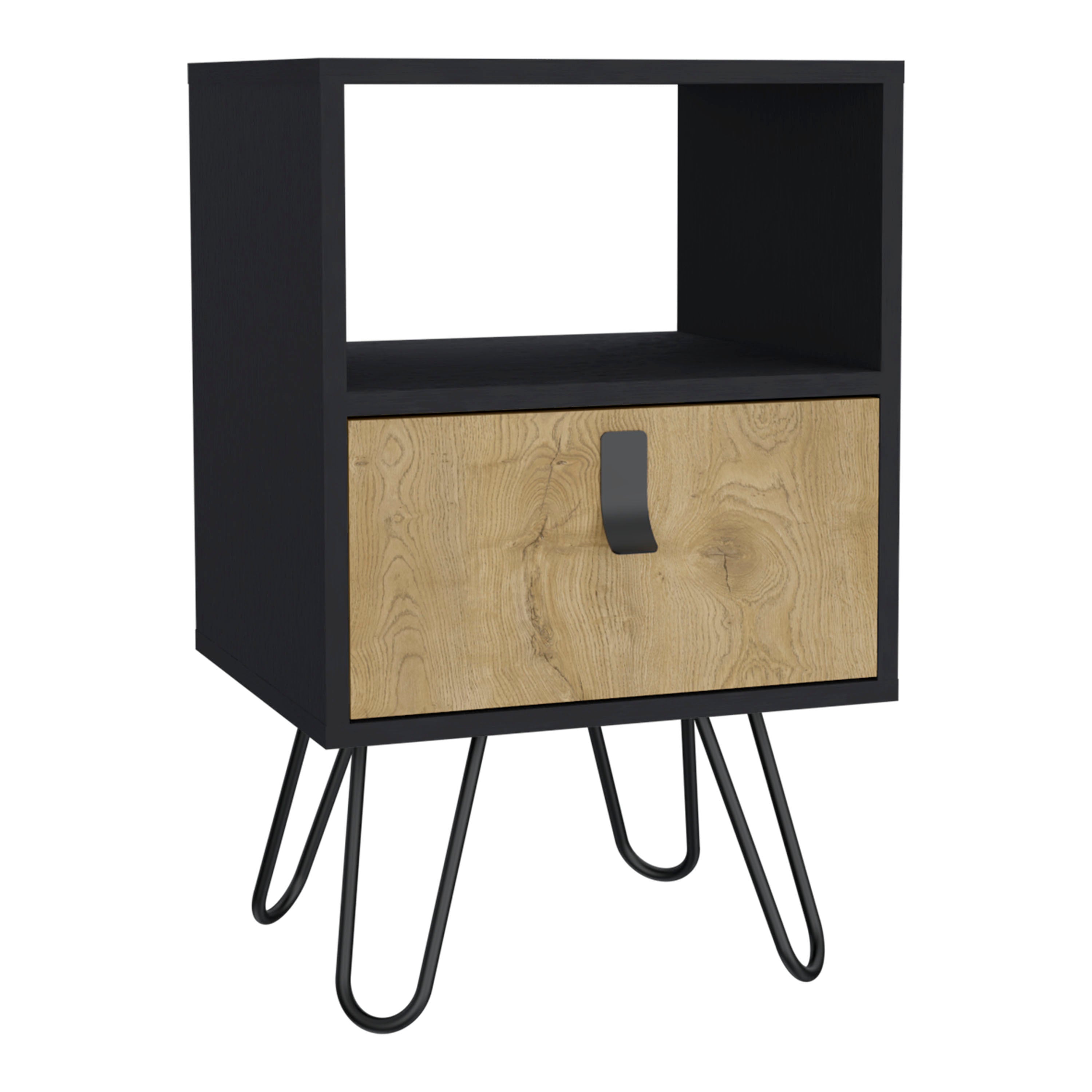 Toka Nightstand, Sleek Design with Hairpin Legs and Drawer, Black / Macadamia - Luciddepo