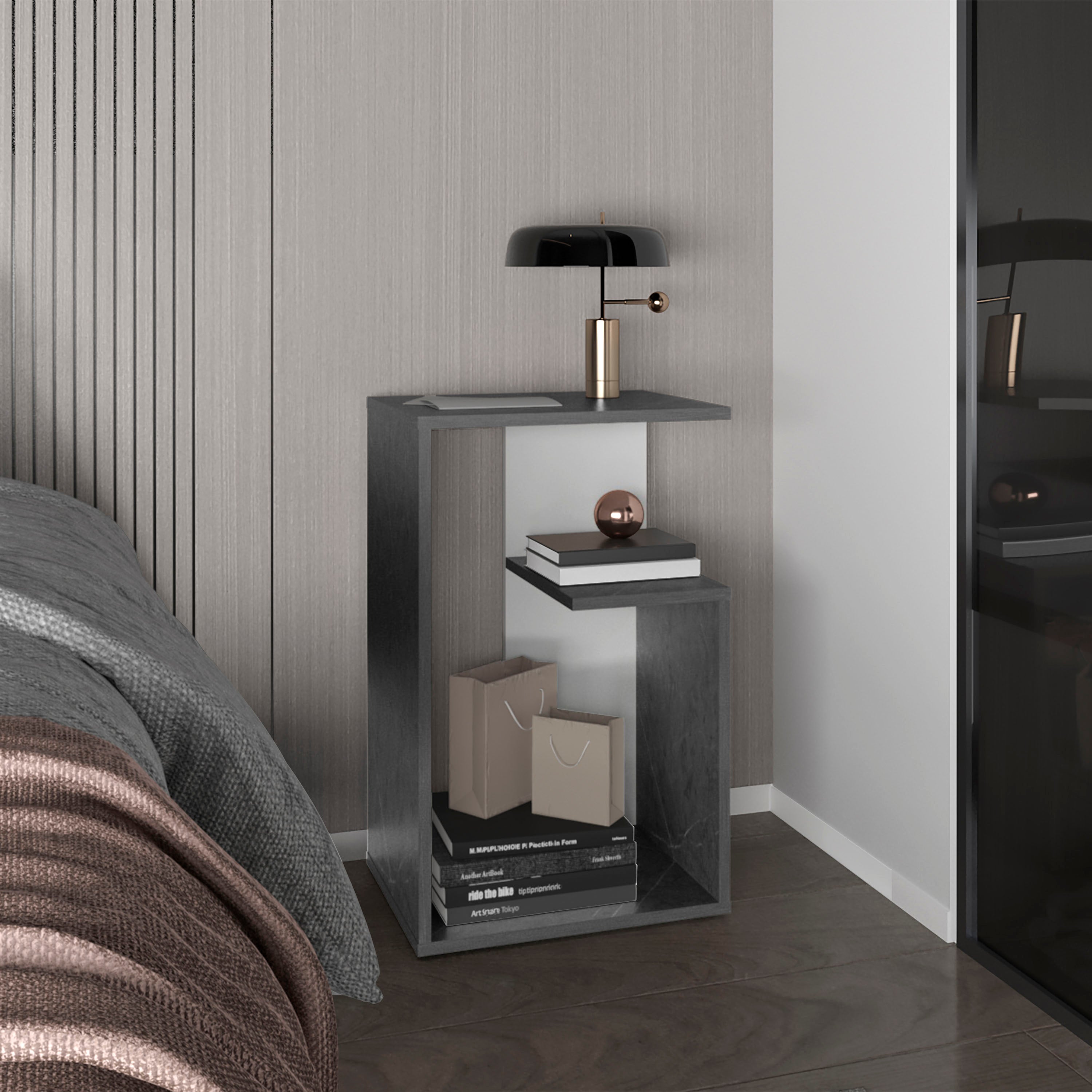 Stebbins Side Table, 2 Shelves, Onyx / White - Luciddepo