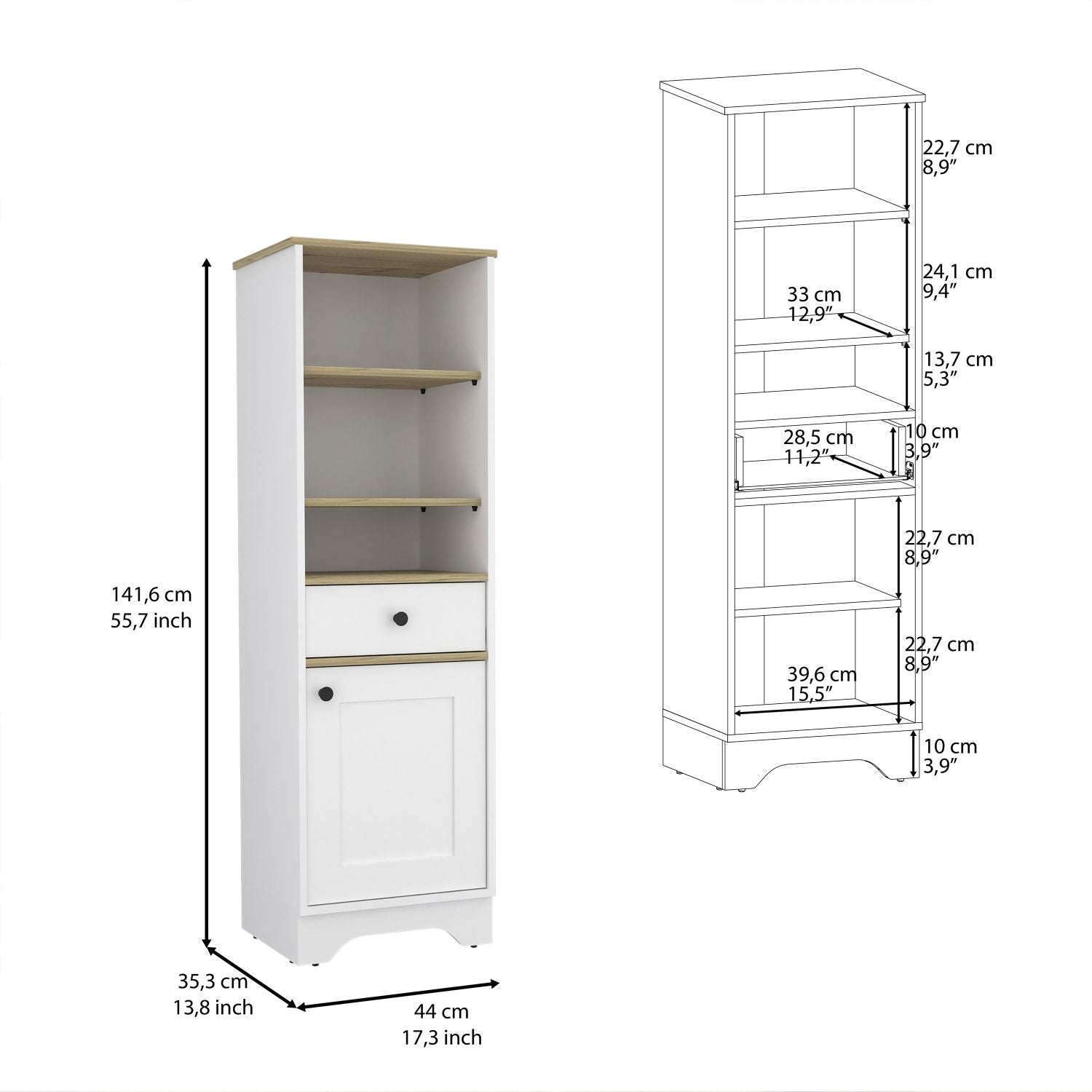 Norwalk Linen Single Door Cabinet, Three External Shelves, One Drawer, Two Interior Shelves, Light Oak / White - Luciddepo
