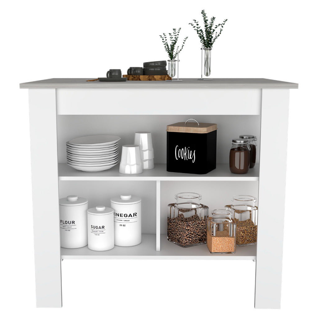 Delos Kitchen Island, Four Legs, Three Shelves, White / Ibiza Marble - Luciddepo