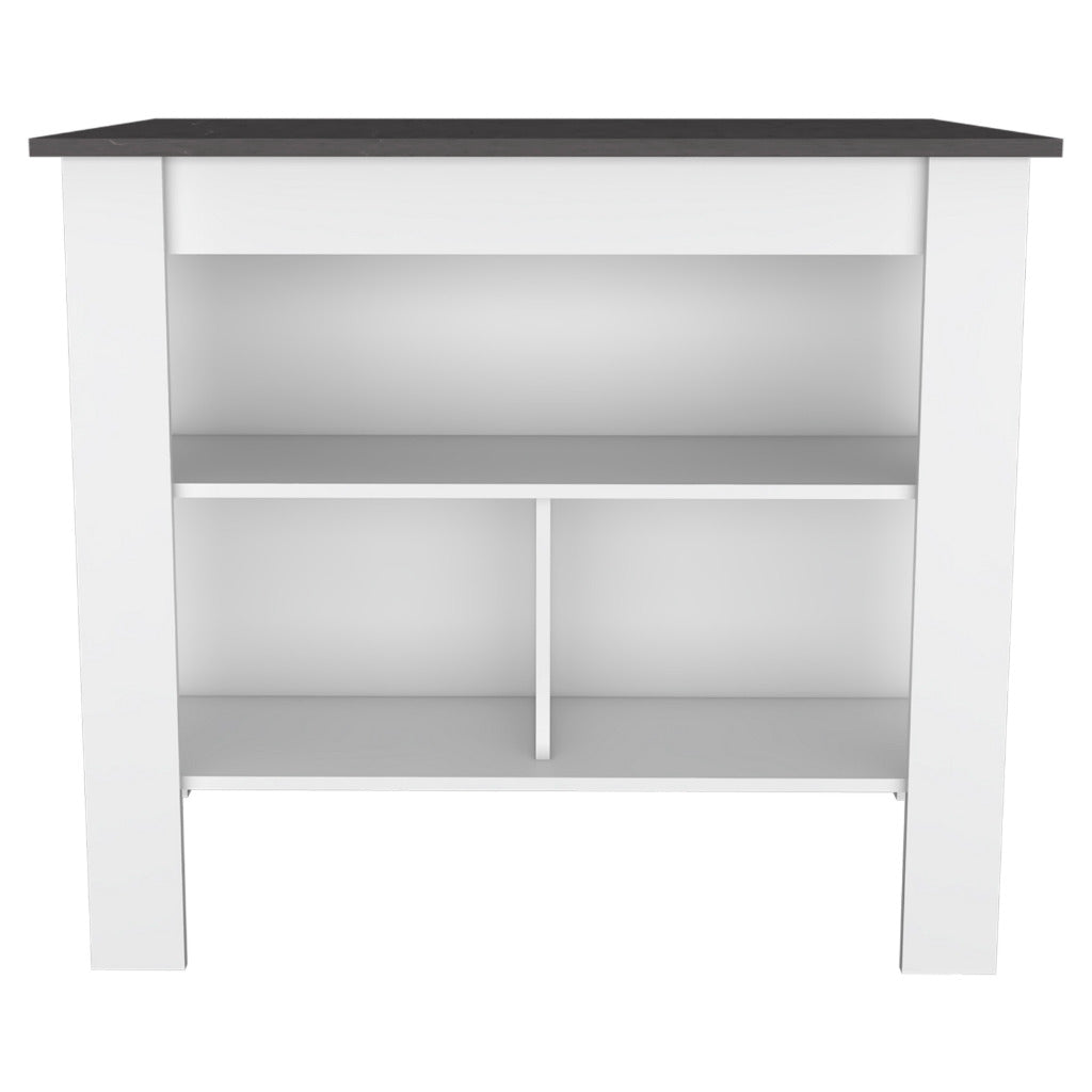 Delos Kitchen Island with Four Legs and Three Open Storage Shelves, White/Onix - Luciddepo