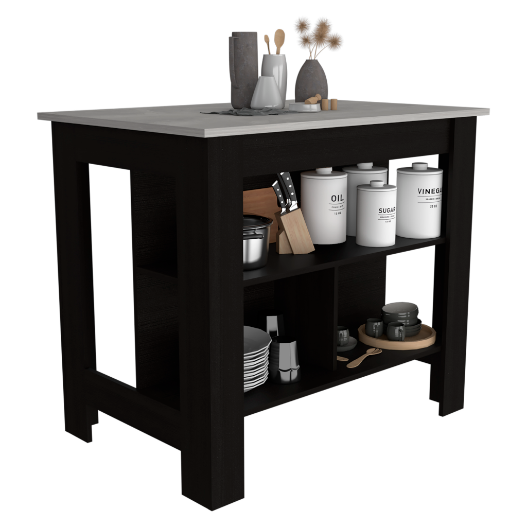 Delos Kitchen Island, Four Legs, Three Shelves, Black / Ibiza Marble - Luciddepo