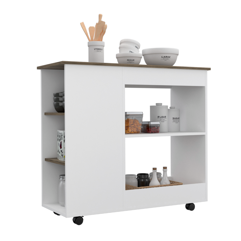 Pl Kitchen Cart Two Storage Shelves, Three Side Shelves, Four Casters, White / Dark Brown - Luciddepo