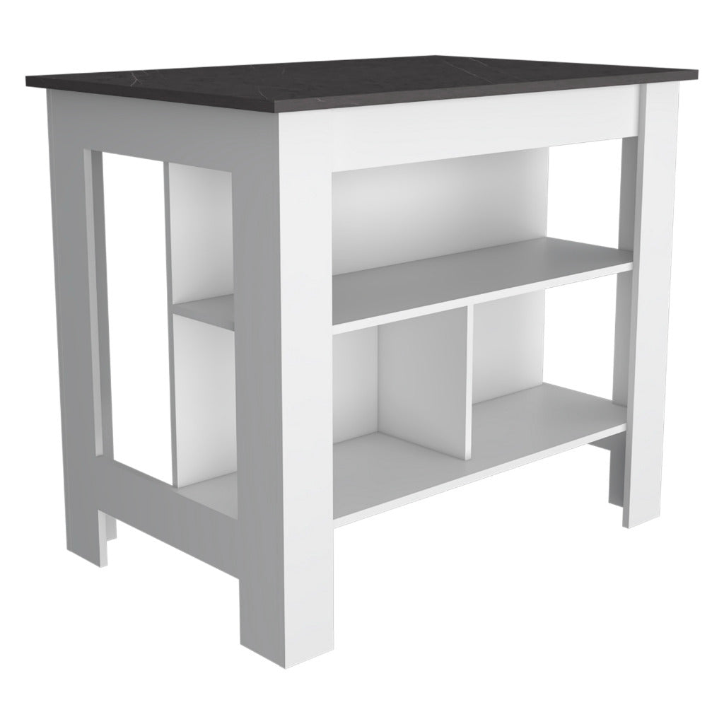 Delos Kitchen Island with Four Legs and Three Open Storage Shelves, White/Onix - Luciddepo