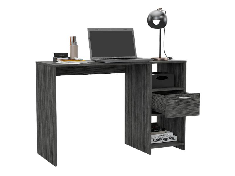Naxos Computer Desk with 1-Drawer and 2-Open Storage Shelves, Smokey Oak - Luciddepo
