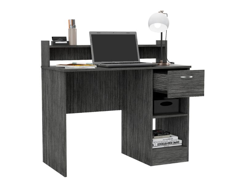 Vera Computer Desk with Top Open Shelf, 1-Drawer and 2-Storage Shelves, Smokey Oak - Luciddepo