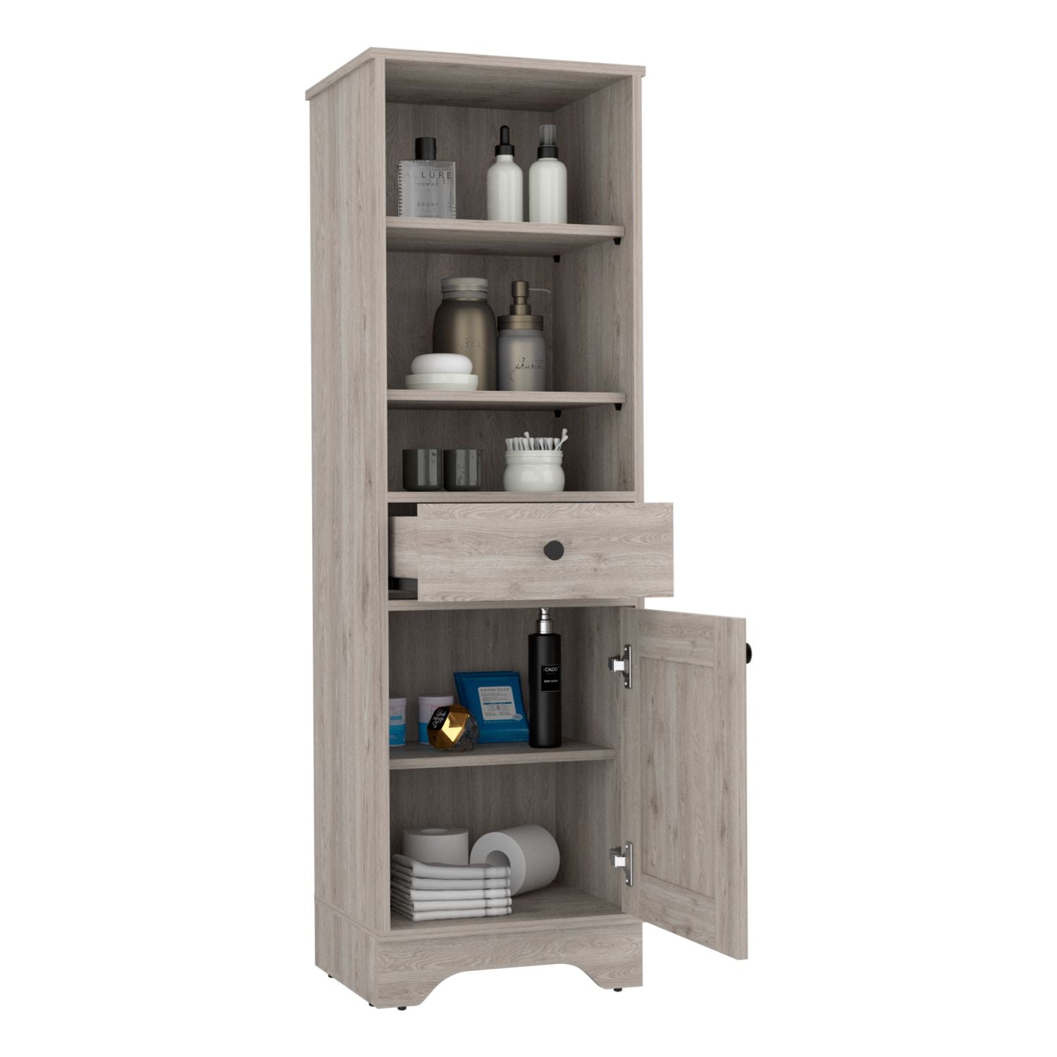 Norwalk Linen Single Door Cabinet, Three External Shelves, One Drawer, Two Interior Shelves, Light Gray - Luciddepo