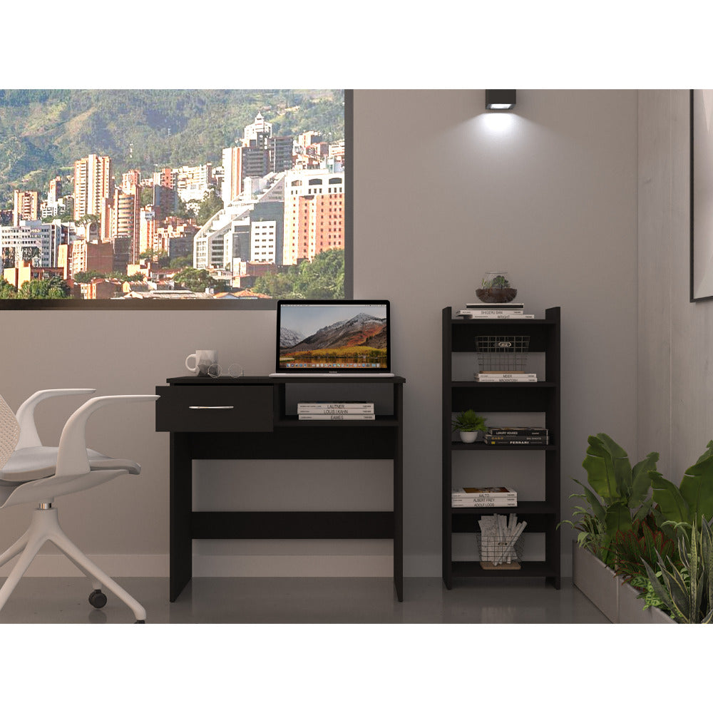 Treia Home Office Set, Two Parts Set, One Drawer, Desktop, Keyboard Tray, Stand, Five Shelves, Black - Luciddepo