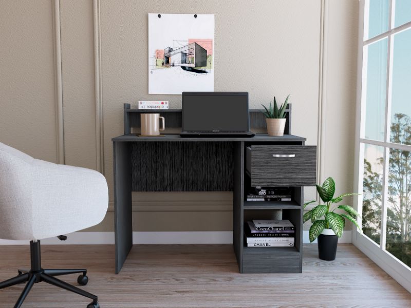 Vera Computer Desk with Top Open Shelf, 1-Drawer and 2-Storage Shelves, Smokey Oak - Luciddepo