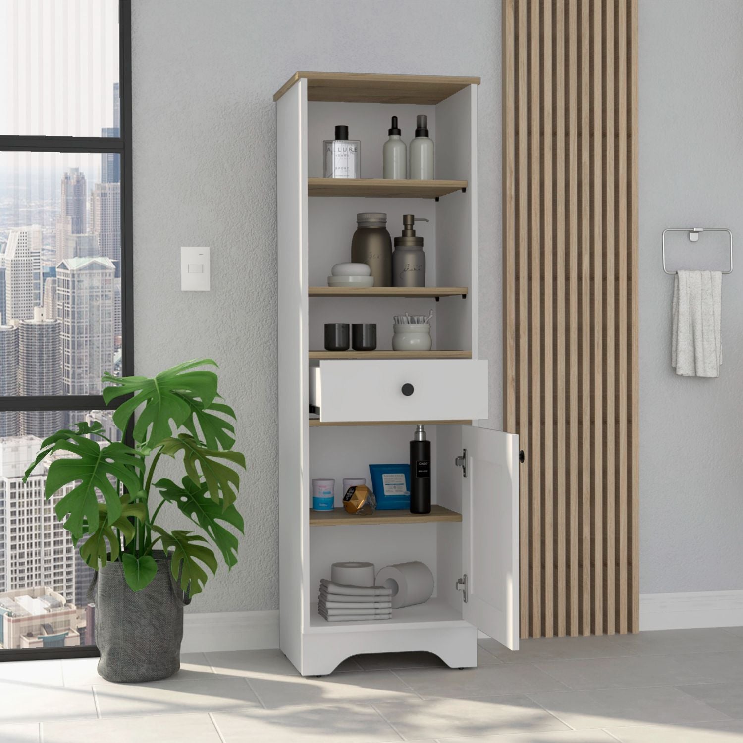 Norwalk Linen Single Door Cabinet, Three External Shelves, One Drawer, Two Interior Shelves, Light Oak / White - Luciddepo