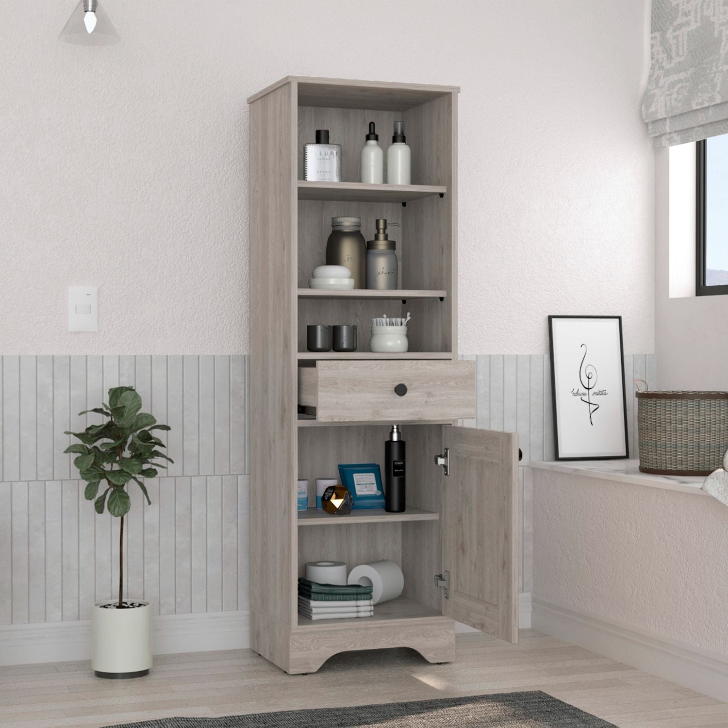 Norwalk Linen Single Door Cabinet, Three External Shelves, One Drawer, Two Interior Shelves, Light Gray - Luciddepo