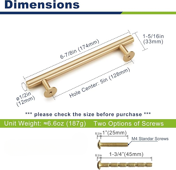 Cylinder Solid Brass Cabinet Pulls, Gold Kitchen Cabinet Handles, Gold Dresser Drawer Pulls, Modern Furniture Hardware, T-Bar Flat, Single Hole, Brushed Finish (2 or 6 pack) - Luciddepot