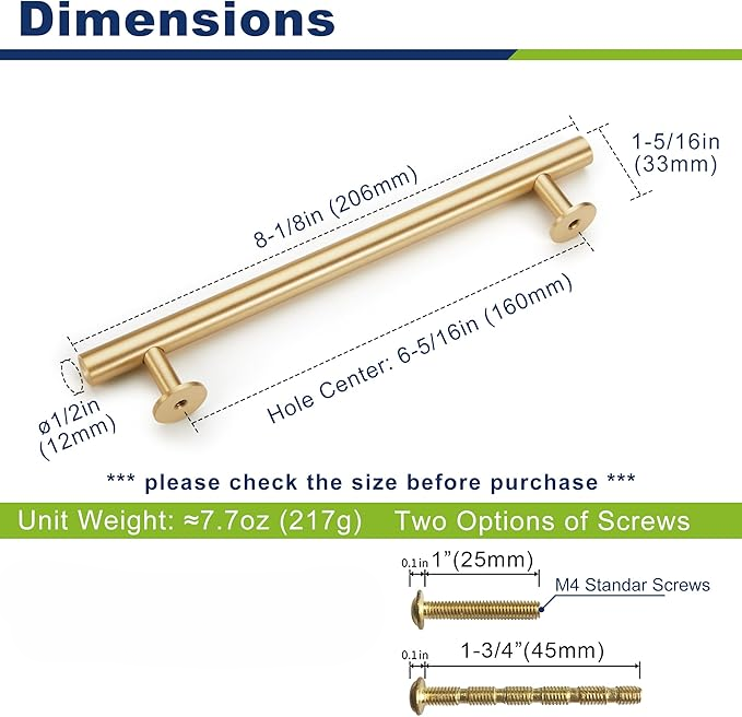 Cylinder Solid Brass Cabinet Pulls, Gold Kitchen Cabinet Handles, Gold Dresser Drawer Pulls, Modern Furniture Hardware, T-Bar Flat, Single Hole, Brushed Finish (2 or 6 pack) - Luciddepot