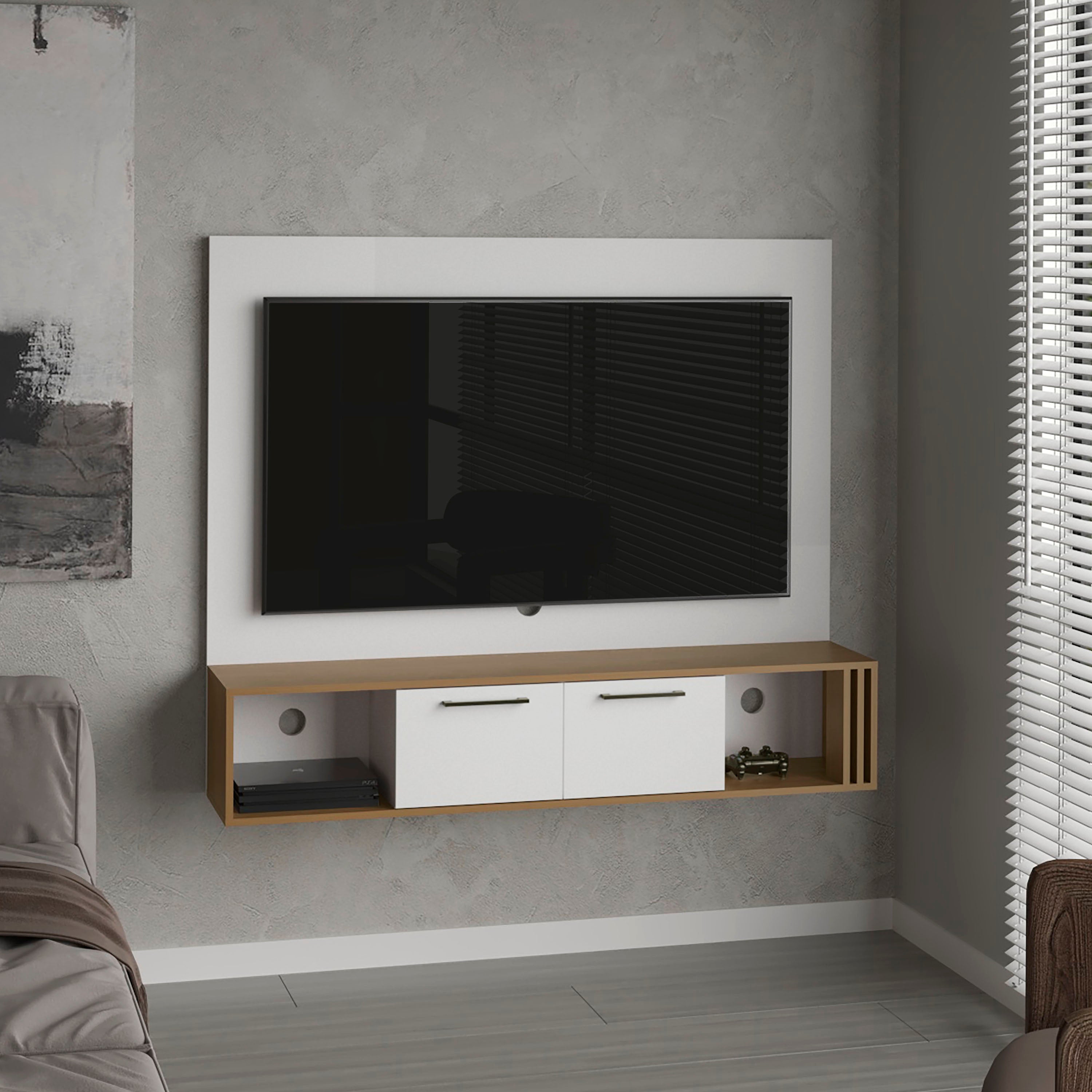 Nuremberg Entertainment Center, 2 Doors, 4 Shelves, White/Natural Oak - Luciddepo