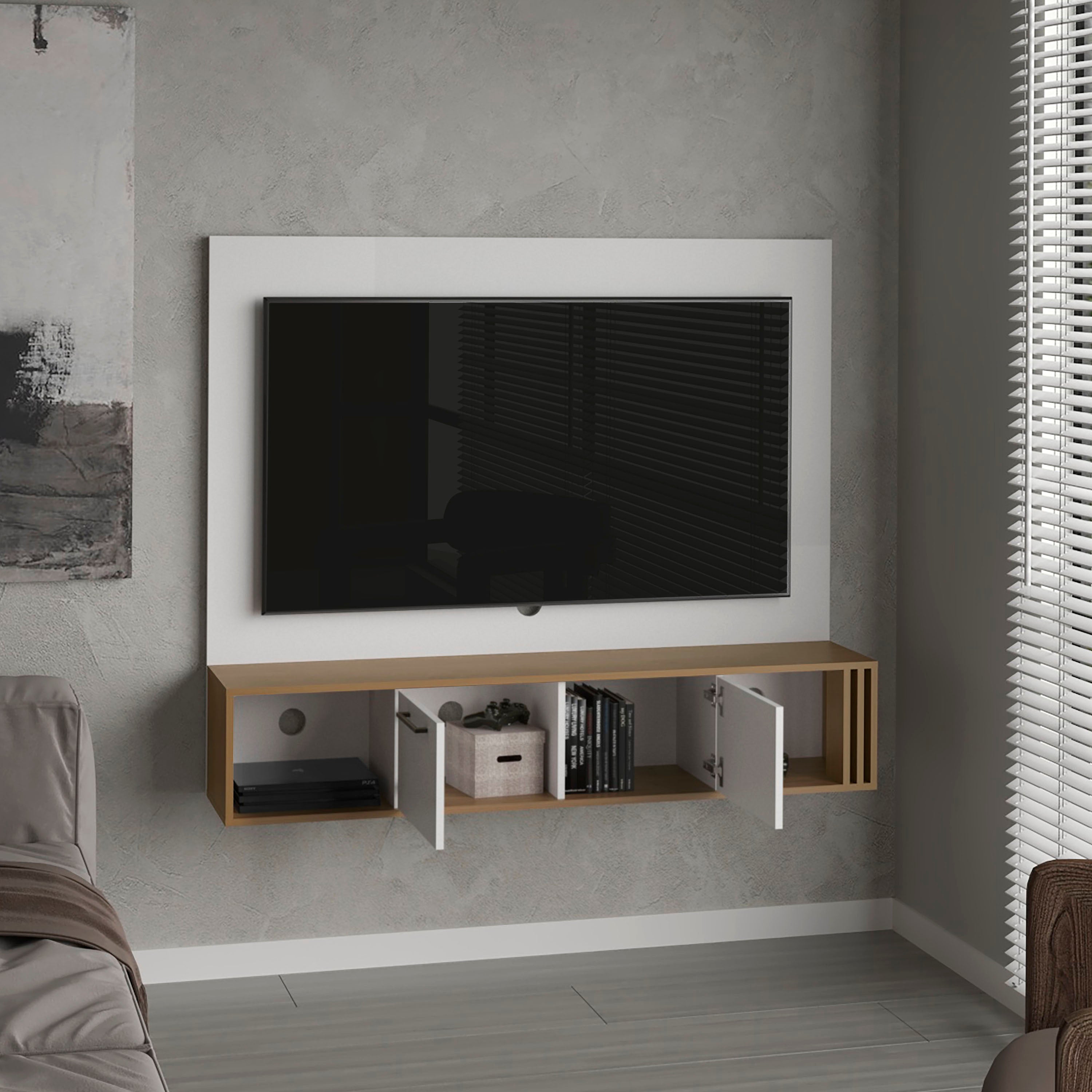 Nuremberg Entertainment Center, 2 Doors, 4 Shelves, White/Natural Oak - Luciddepo