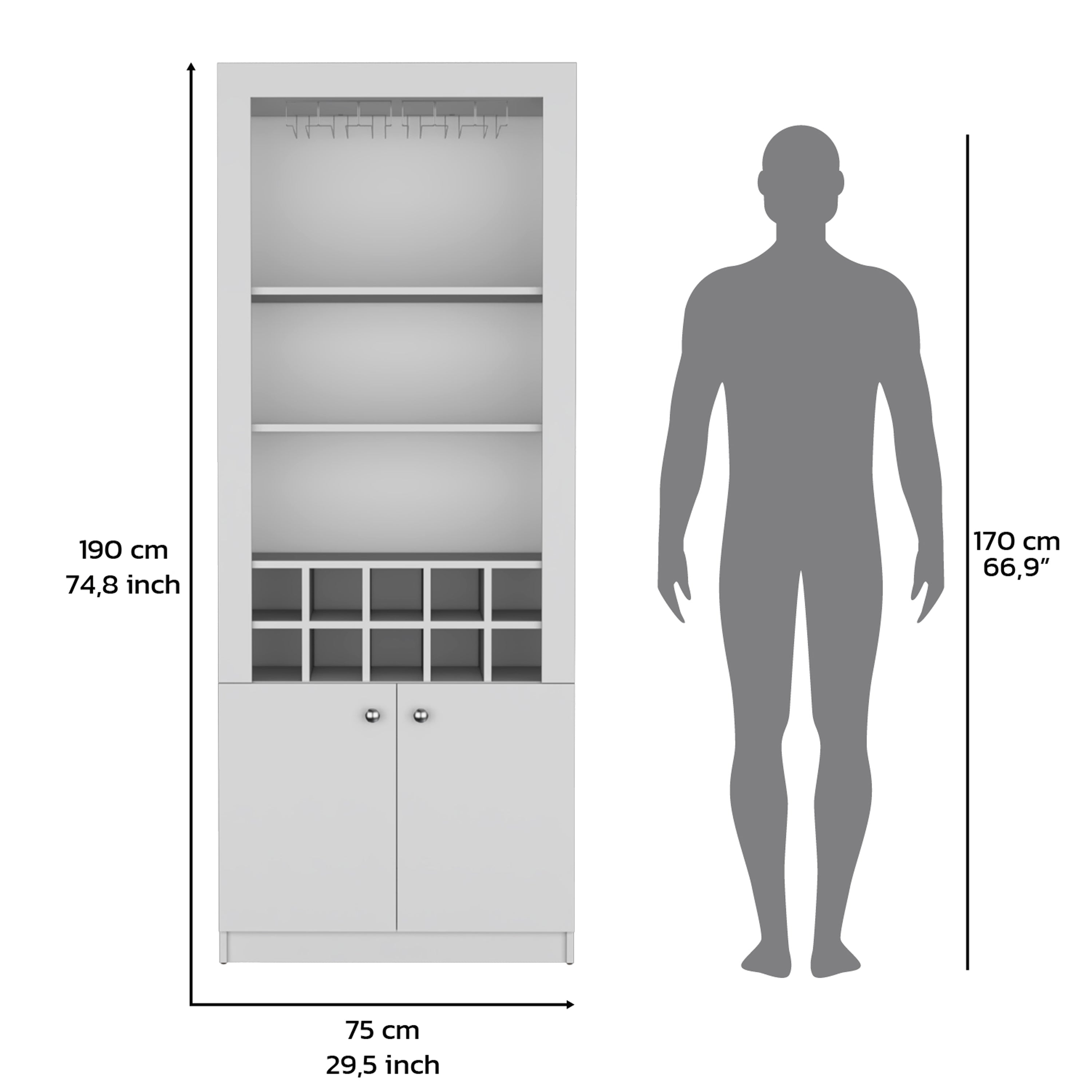 Nero Cabinet 4-Tier, Glass Holder Stemware Rack, Wine Cabinet, Liquor Cabinet, 10 Bottle Cubbies, 4 Shelves, White - Luciddepo