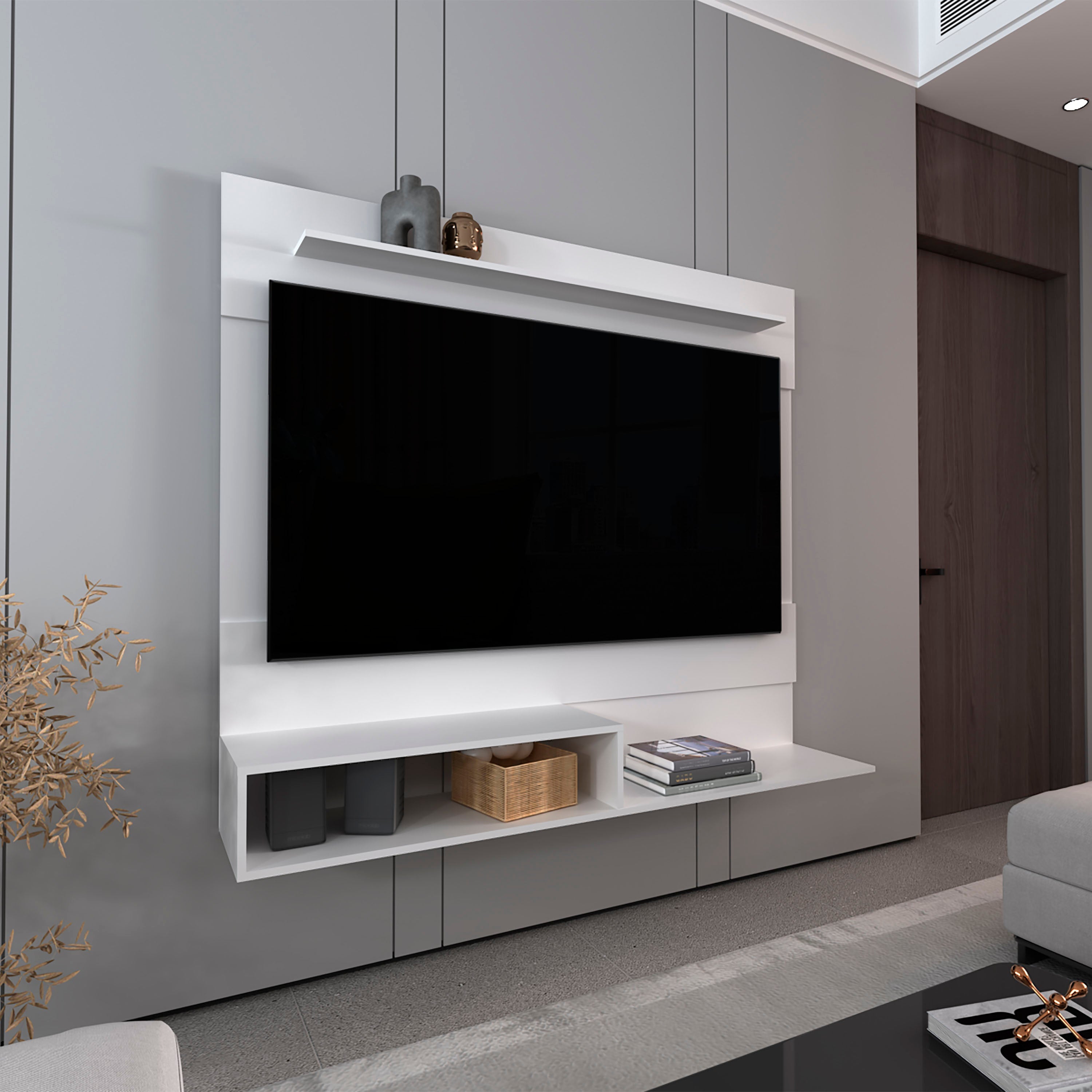 Baden Floating Entertainment Center for TV´s up 55", Space For TV, One Superior Shelf, Two Shelves, White - Luciddepo