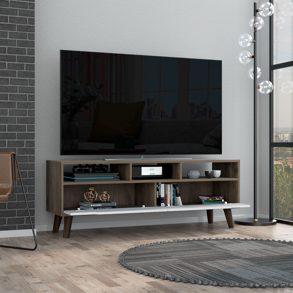Kobe Tv Stand for TV´s up 52", Three Open Shelves, Two Flexible Drawers, Dark Walnut / White - Luciddepo