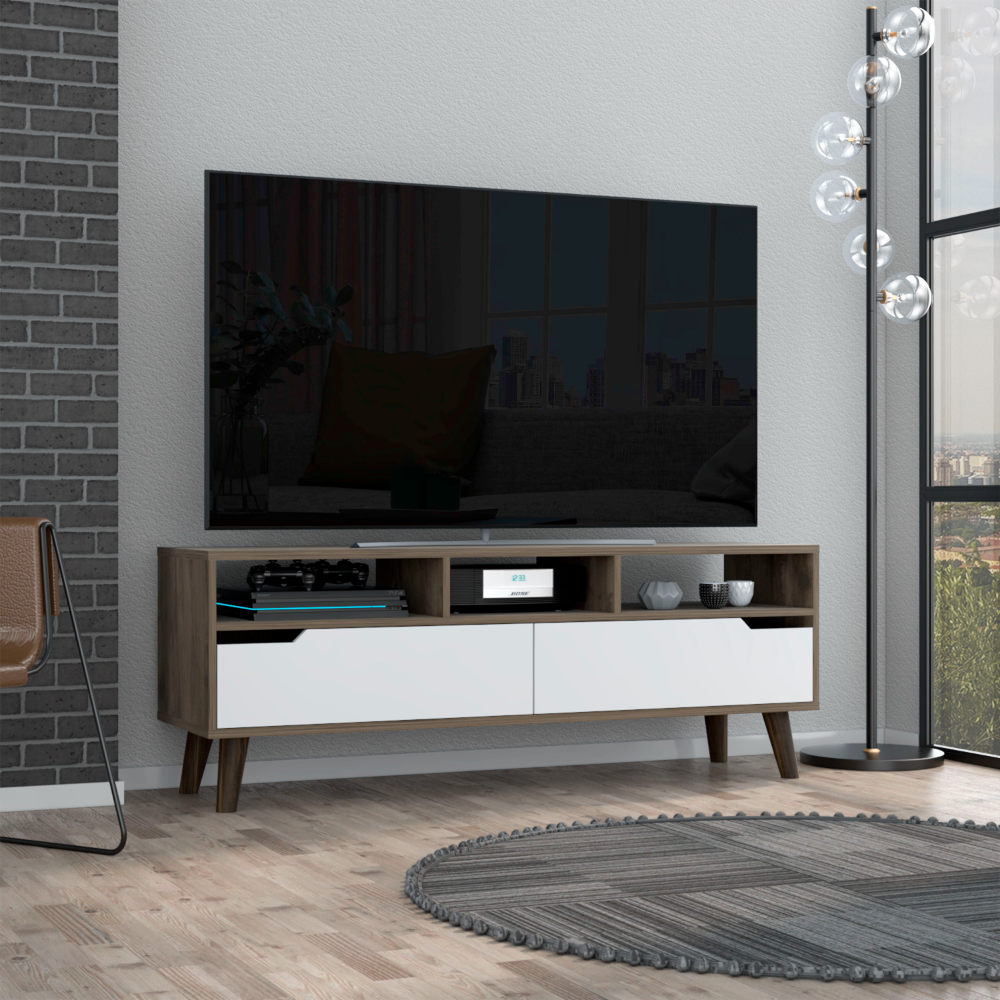 Kobe Tv Stand for TV´s up 52", Three Open Shelves, Two Flexible Drawers, Dark Walnut / White - Luciddepo