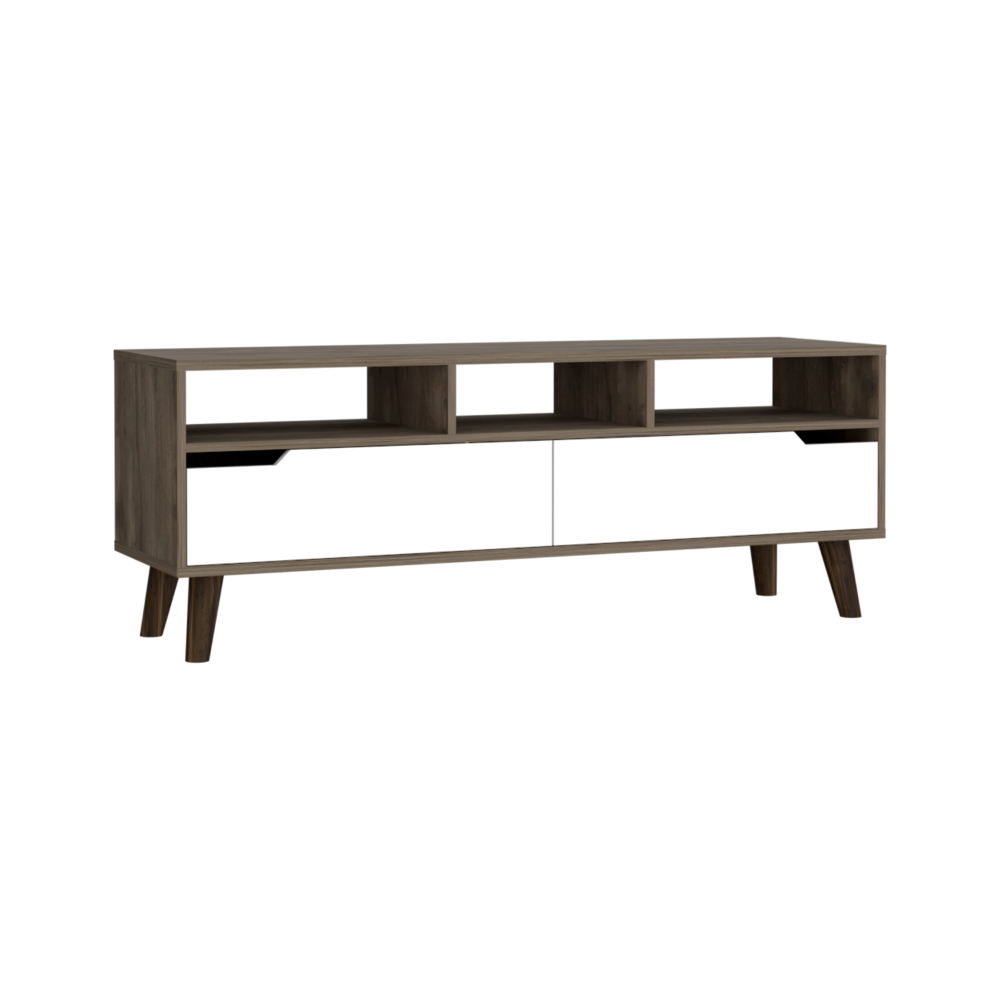 Kobe Tv Stand for TV´s up 52", Three Open Shelves, Two Flexible Drawers, Dark Walnut / White - Luciddepo