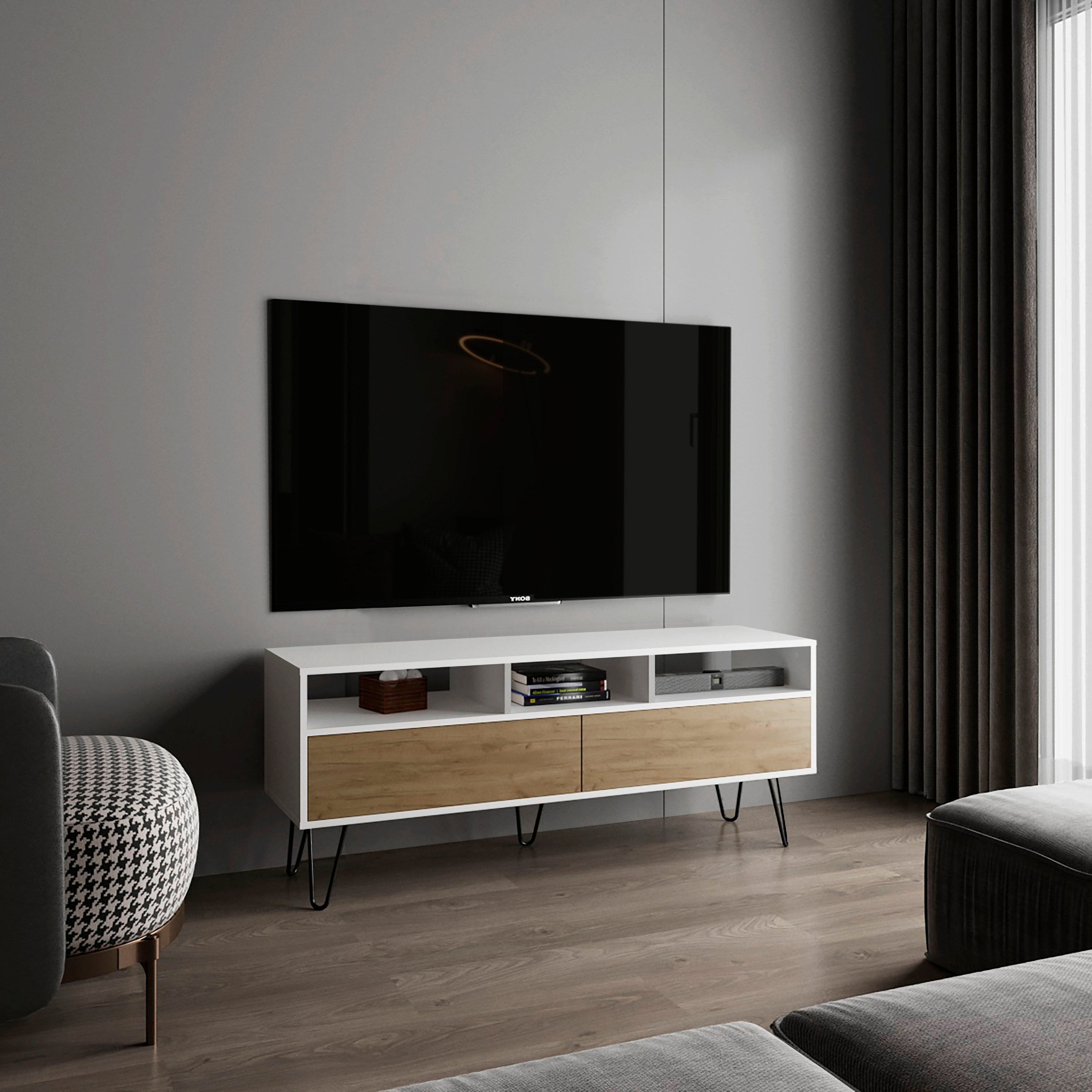 Salunga TV Stand, 2 Doors, 3 Shelves, 5 Legs, White/Natural Oak - Luciddepo