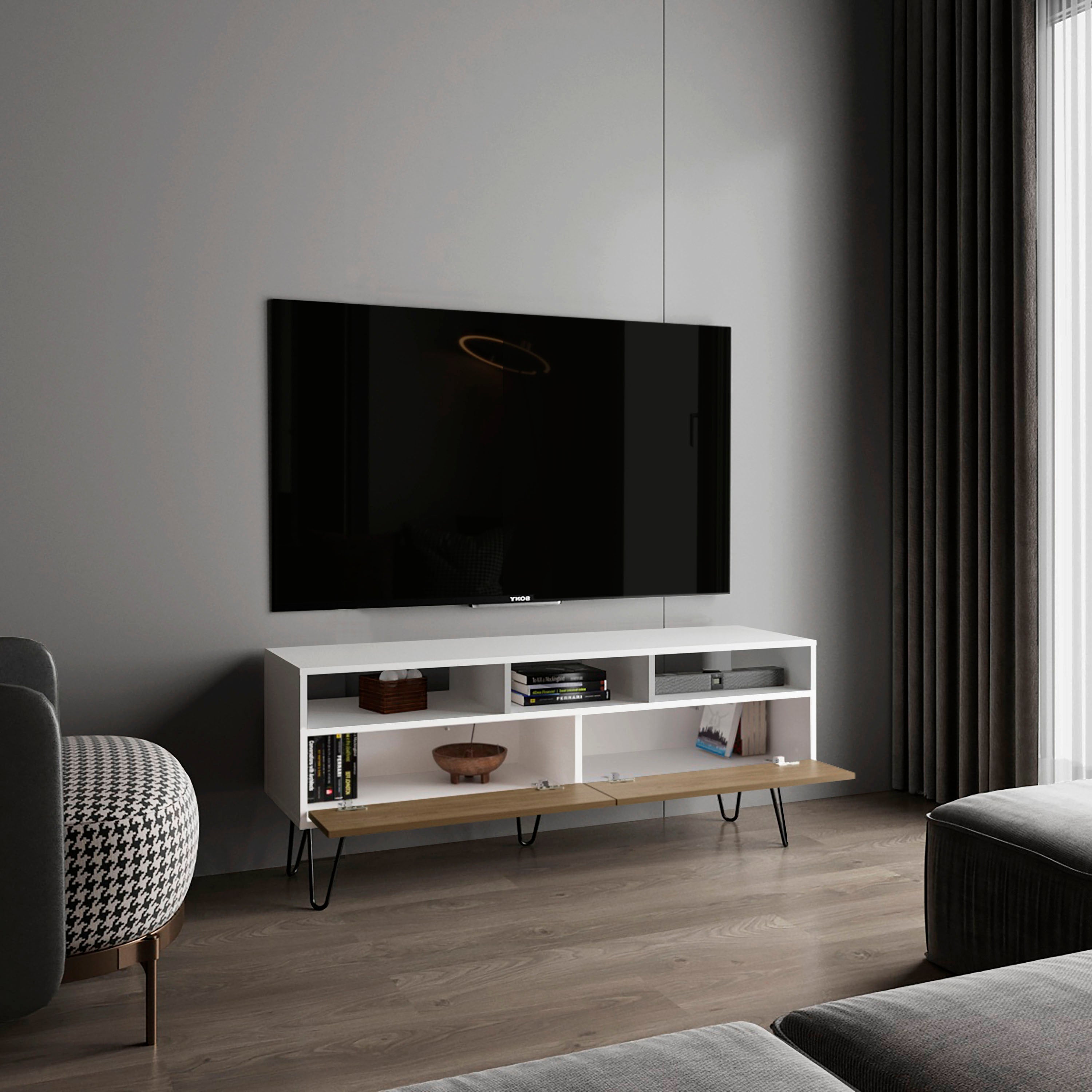 Salunga TV Stand, 2 Doors, 3 Shelves, 5 Legs, White/Natural Oak - Luciddepo