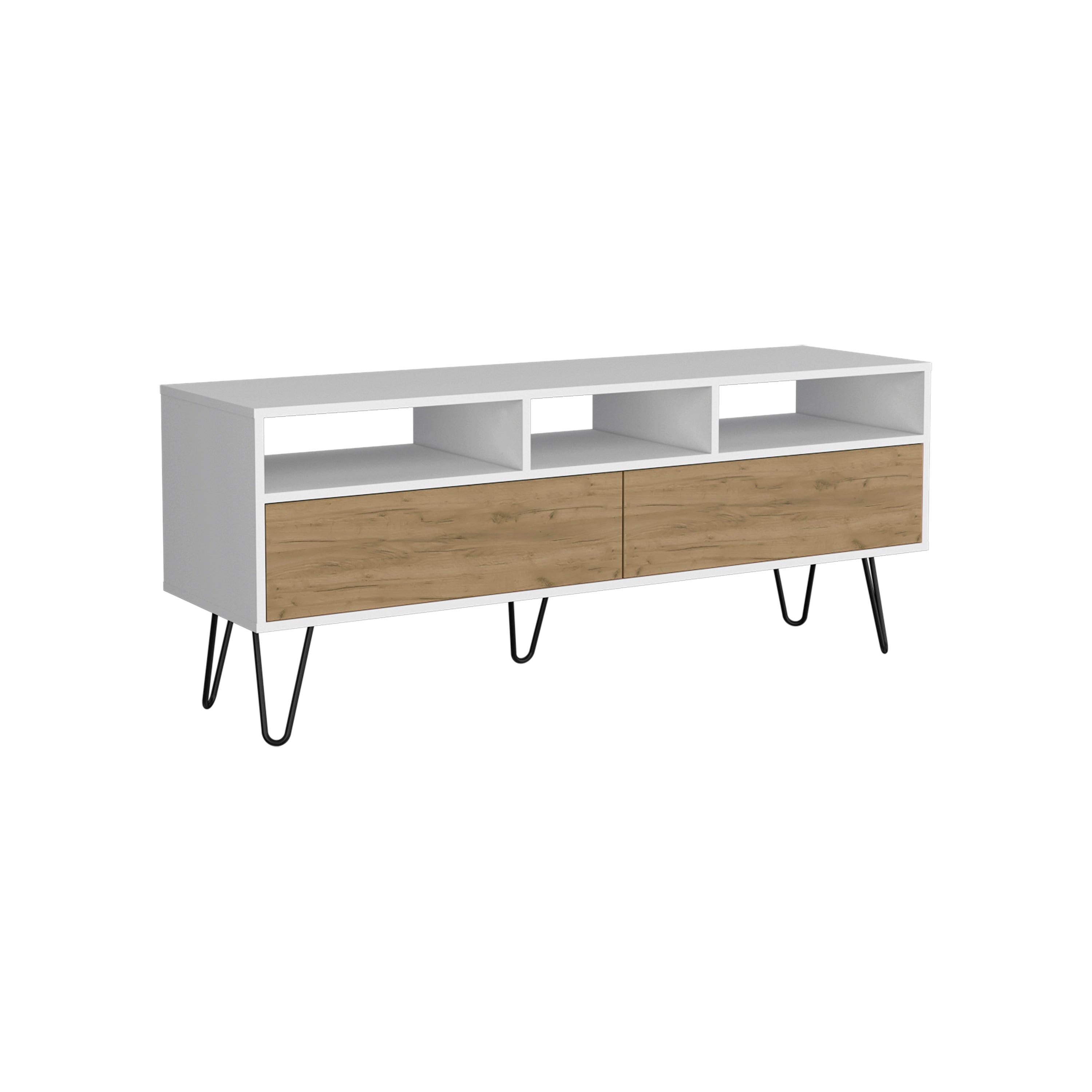 Salunga TV Stand, 2 Doors, 3 Shelves, 5 Legs, White/Natural Oak - Luciddepo