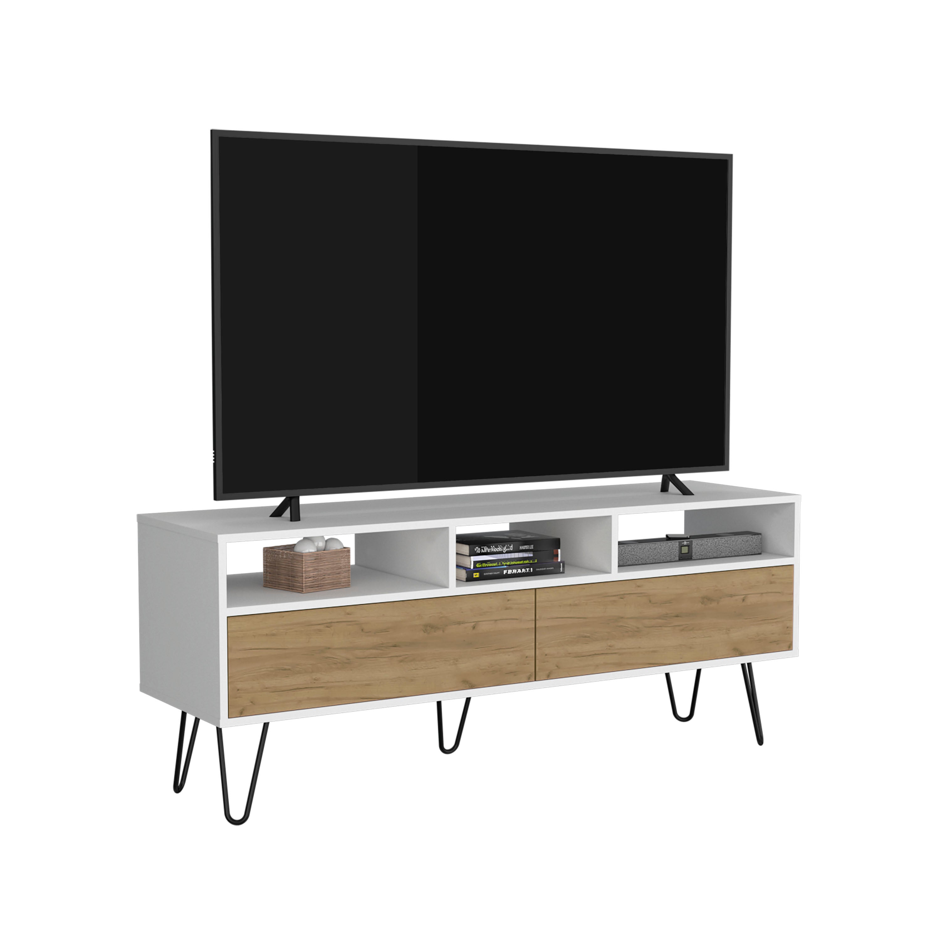 Salunga TV Stand, 2 Doors, 3 Shelves, 5 Legs, White/Natural Oak - Luciddepo